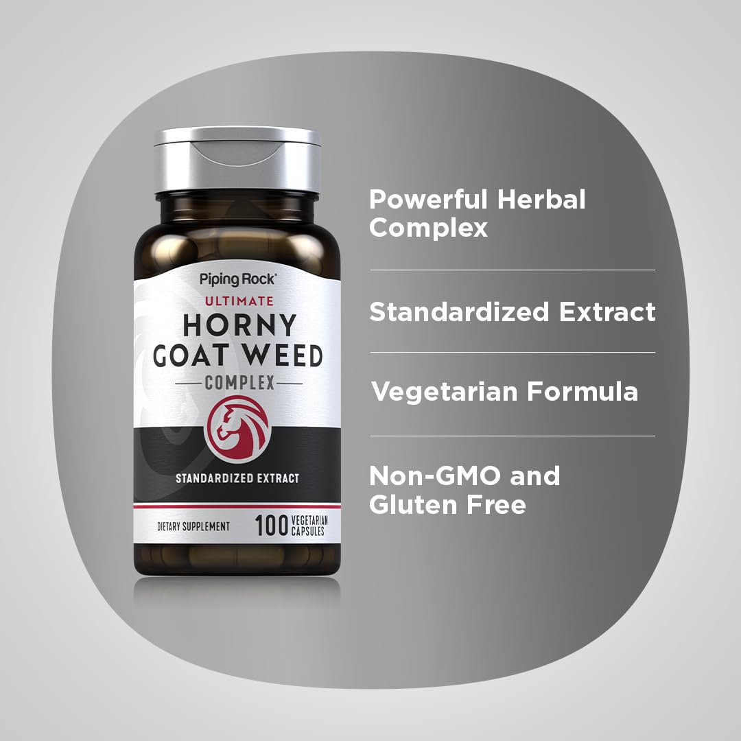 Piping Rock Horny Goat Weed supplement on a wooden table