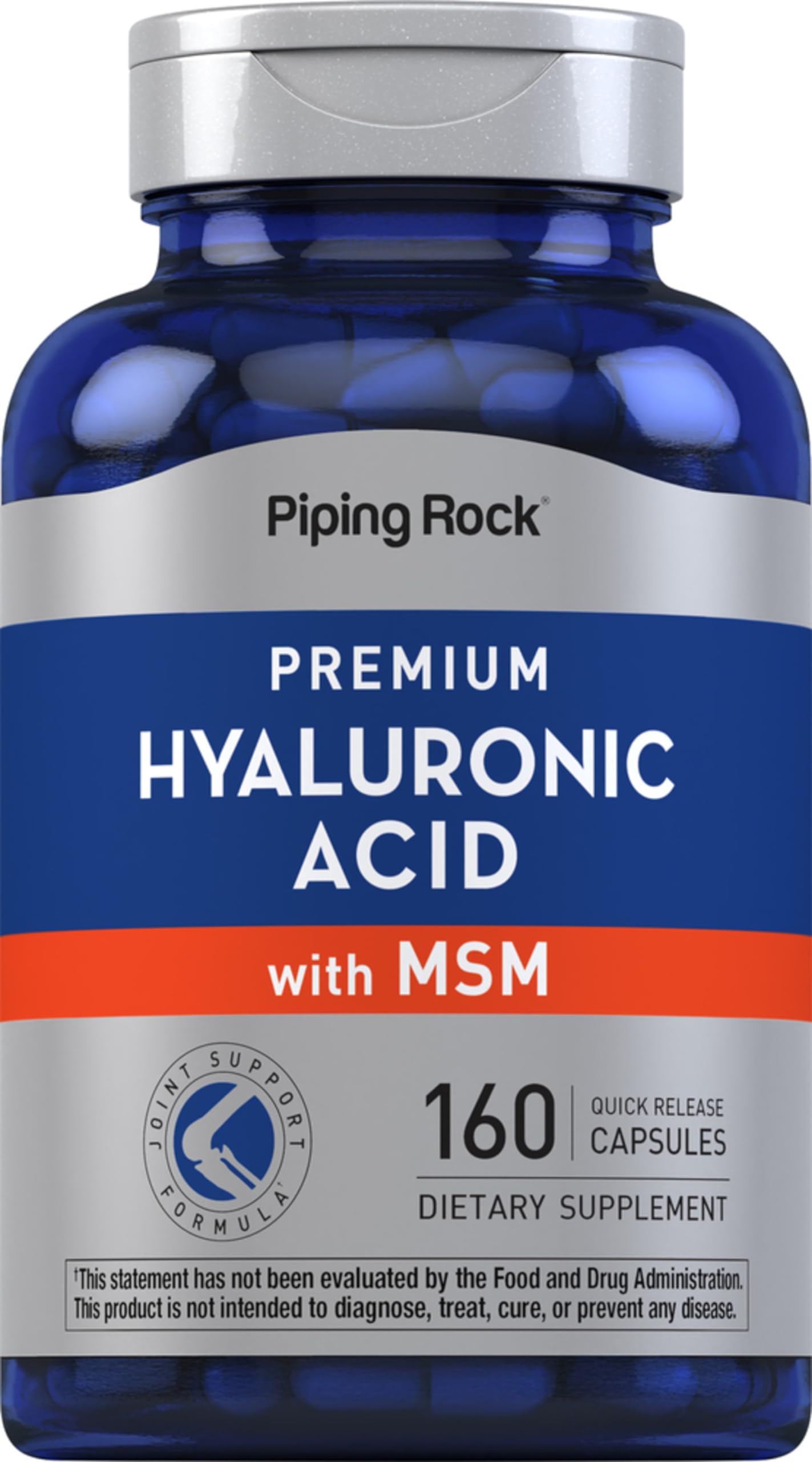 Piping Rock Hyaluronic Acid 100mg + MSM 900mg supplement bottle front view