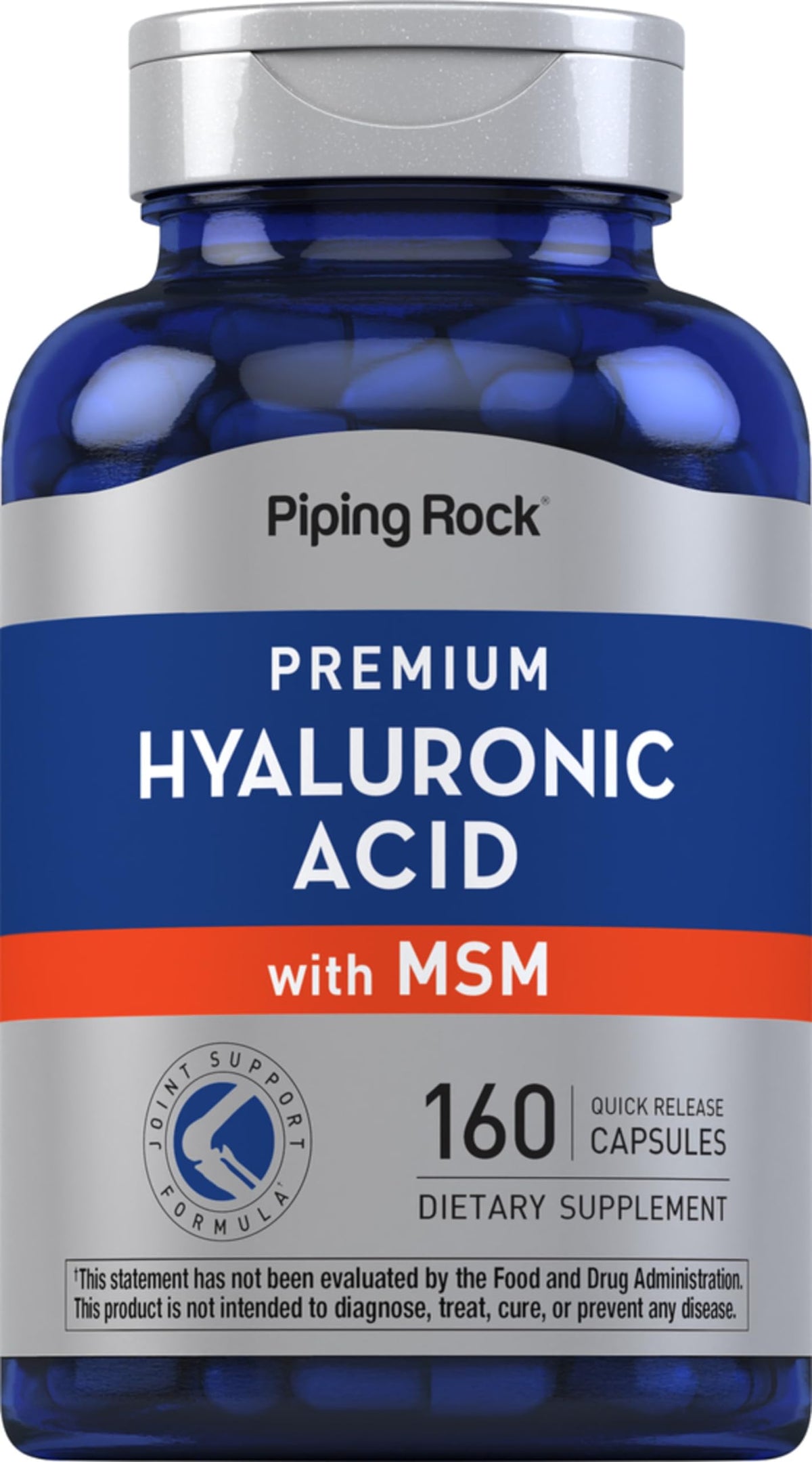 Piping Rock Hyaluronic Acid 100mg + MSM 900mg supplement bottle front view