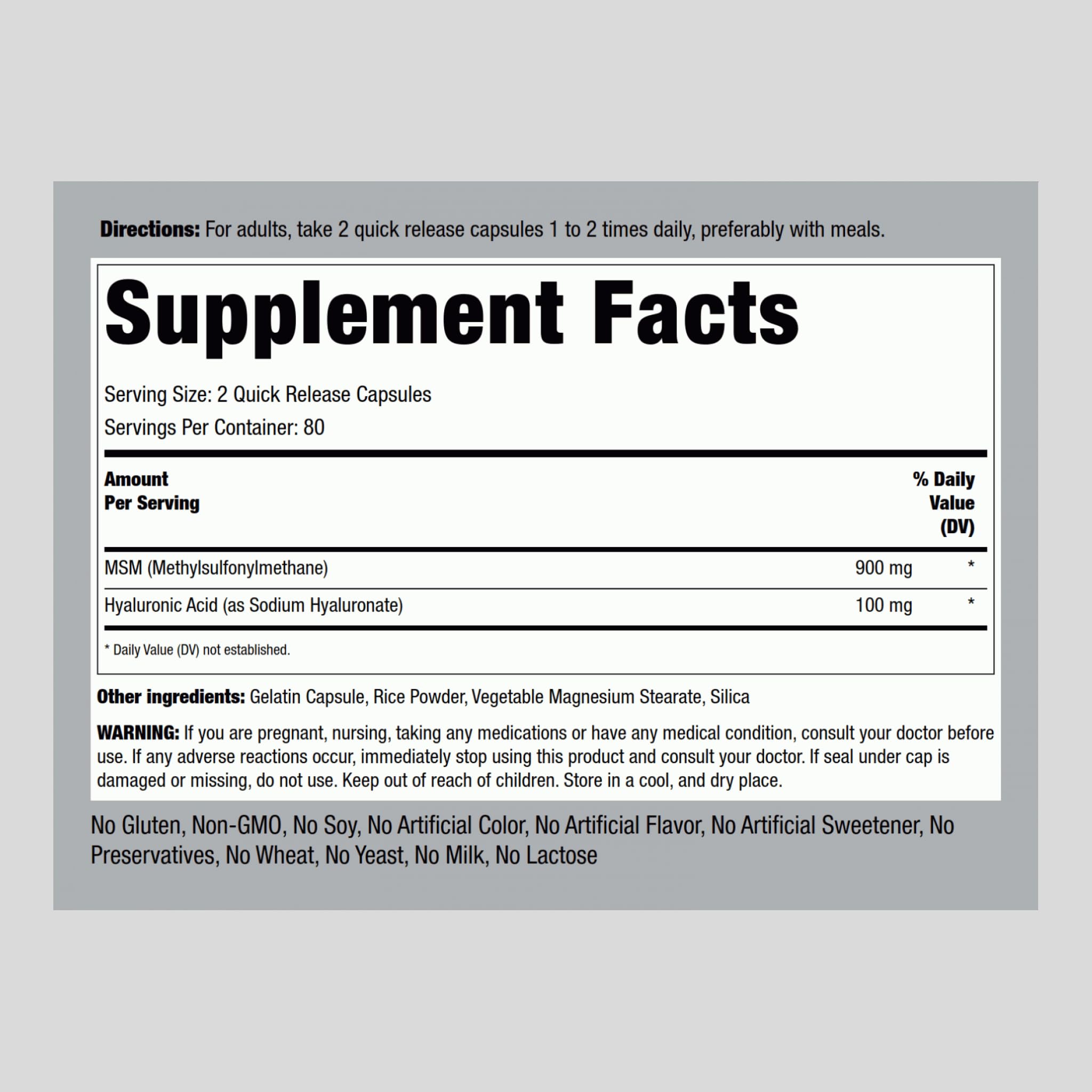Piping Rock Hyaluronic Acid 100mg + MSM 900mg supplement capsules close-up