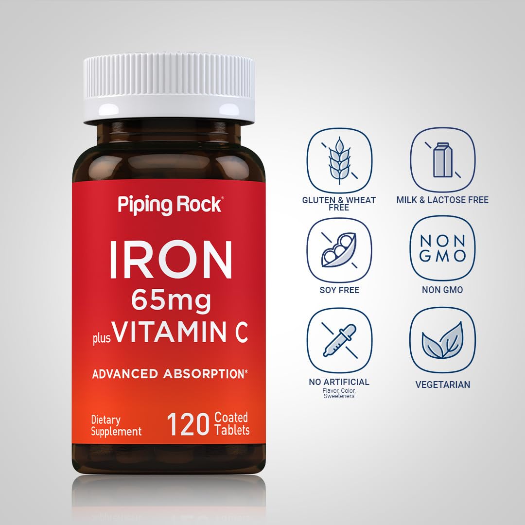 Piping Rock Iron Supplement 65mg back view of packaging with ingredients