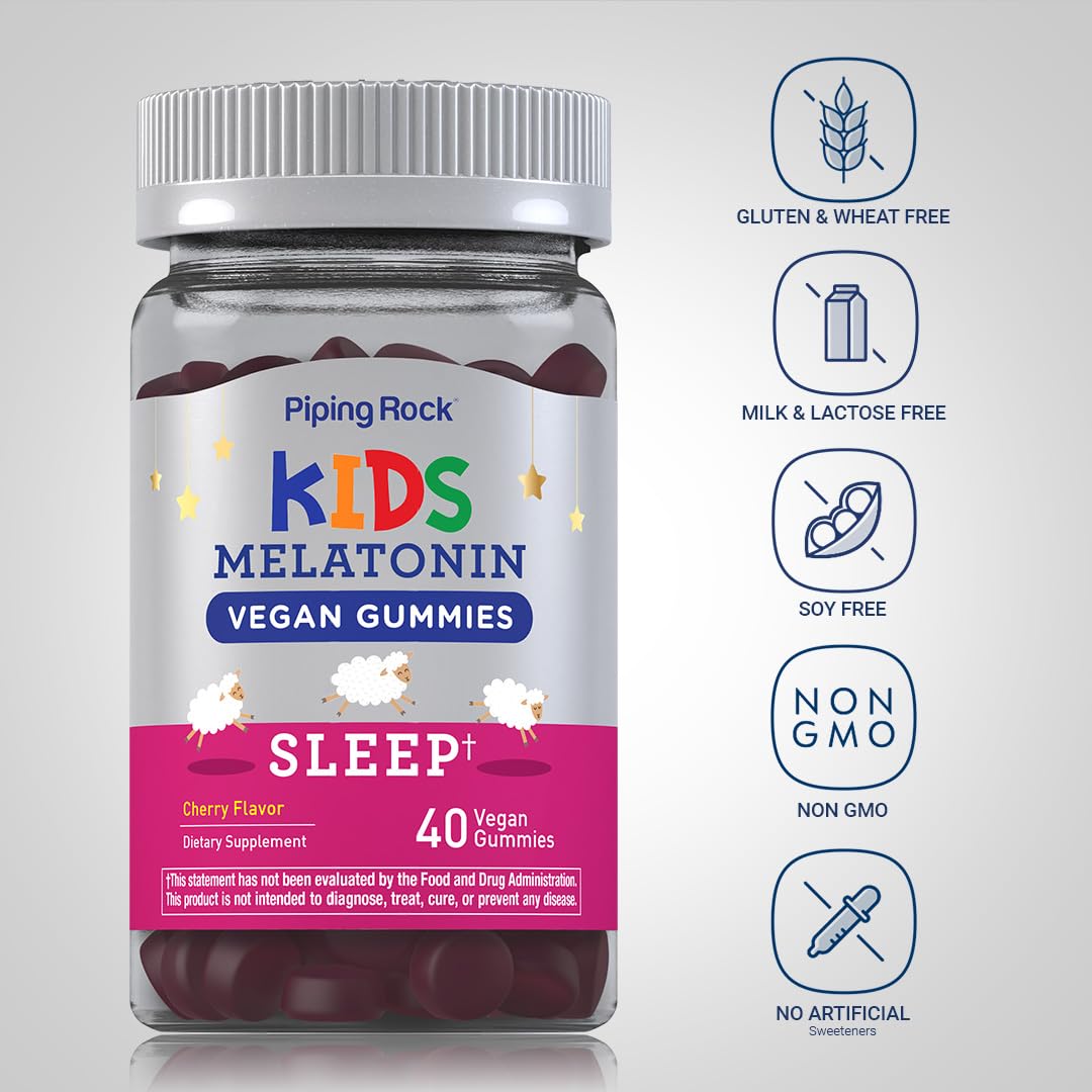 Piping Rock Kids Melatonin Gummy 1mg Cherry flavour gummies in a bowl