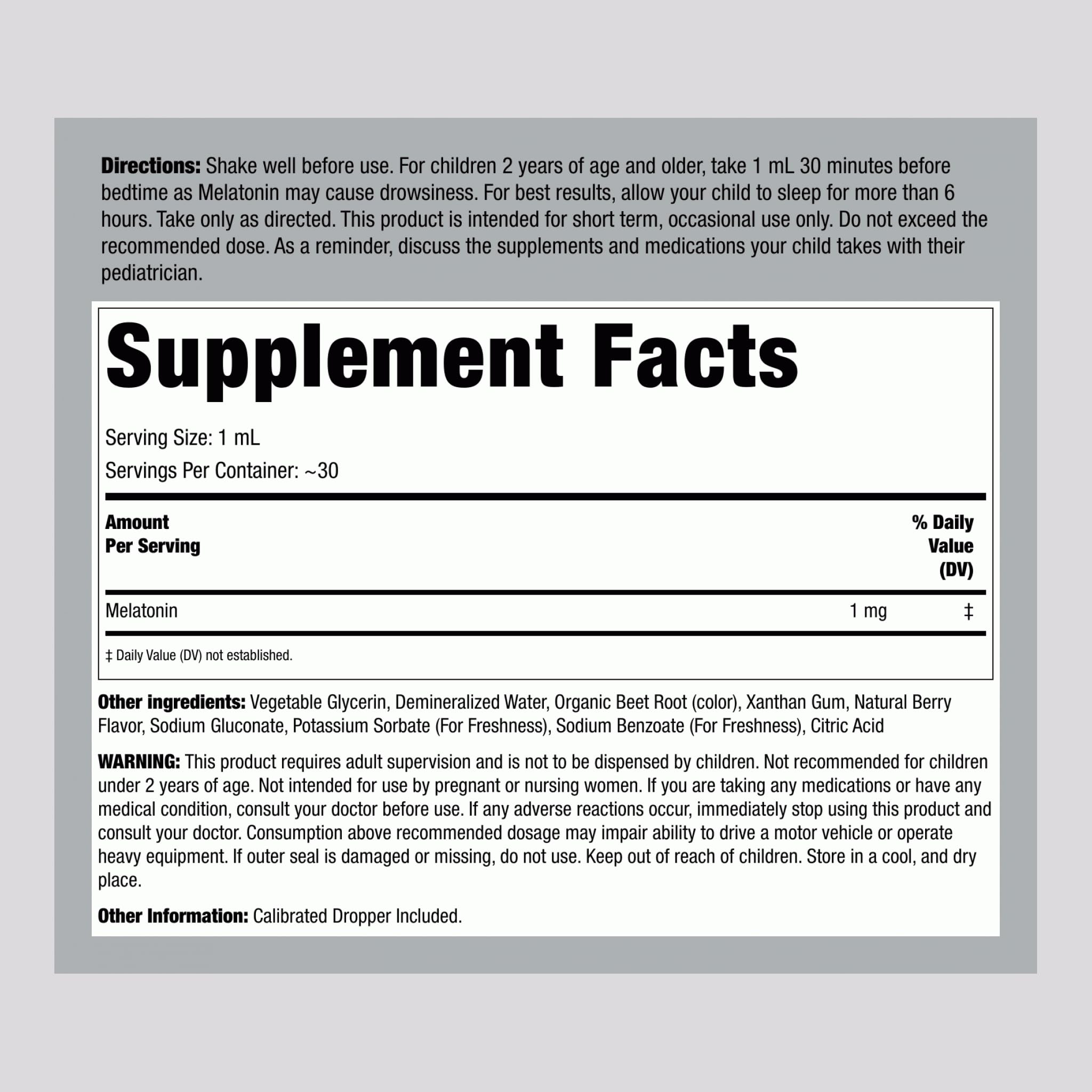 Piping Rock Kids Melatonin Liquid 1mg berry flavour back view