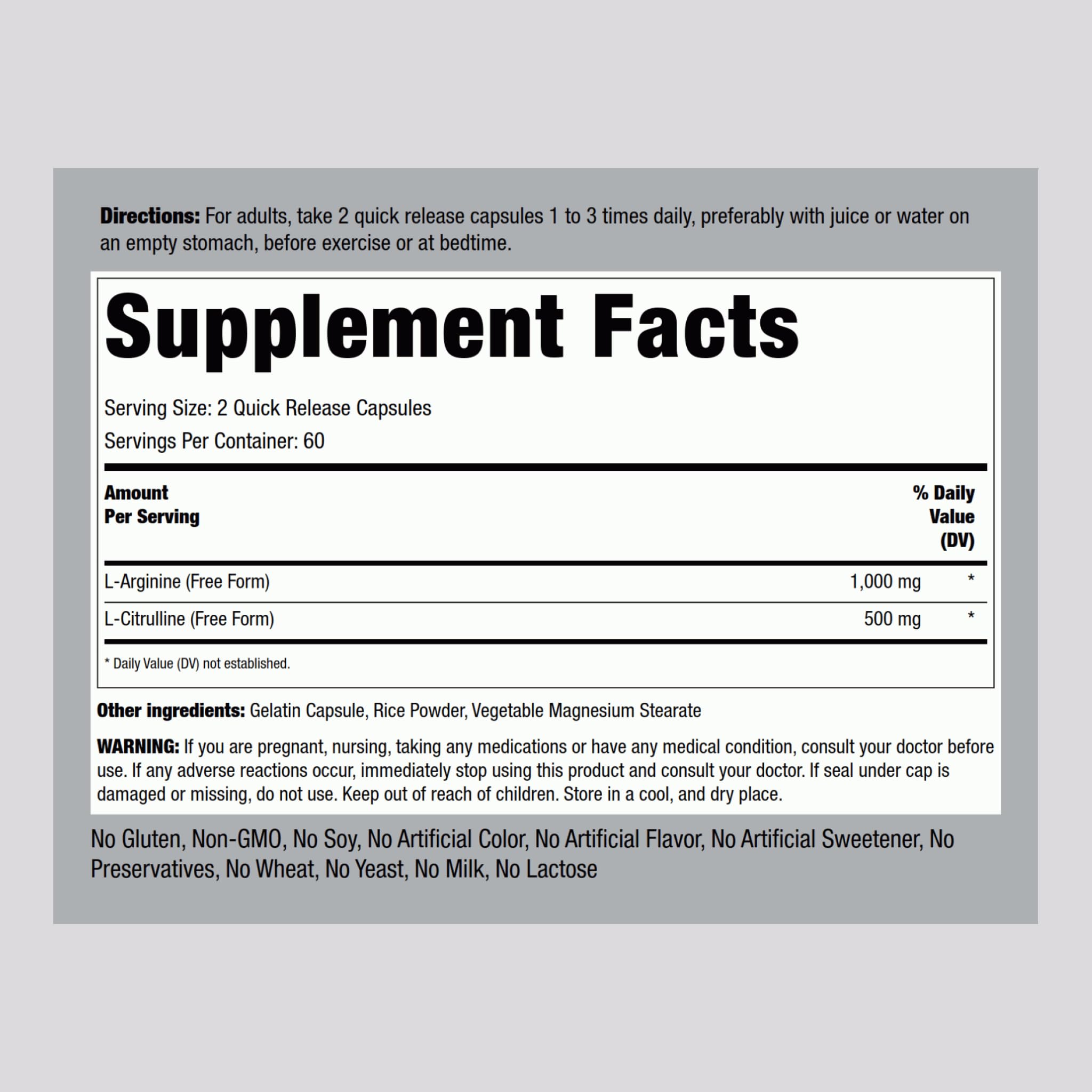 Piping Rock L-Arginine 159g side view showing label details