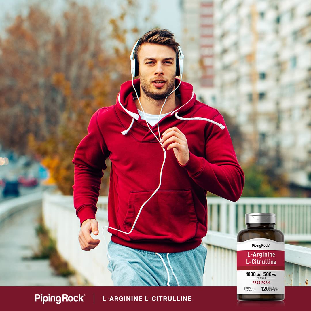 Piping Rock L-Arginine 159g with a green plant background