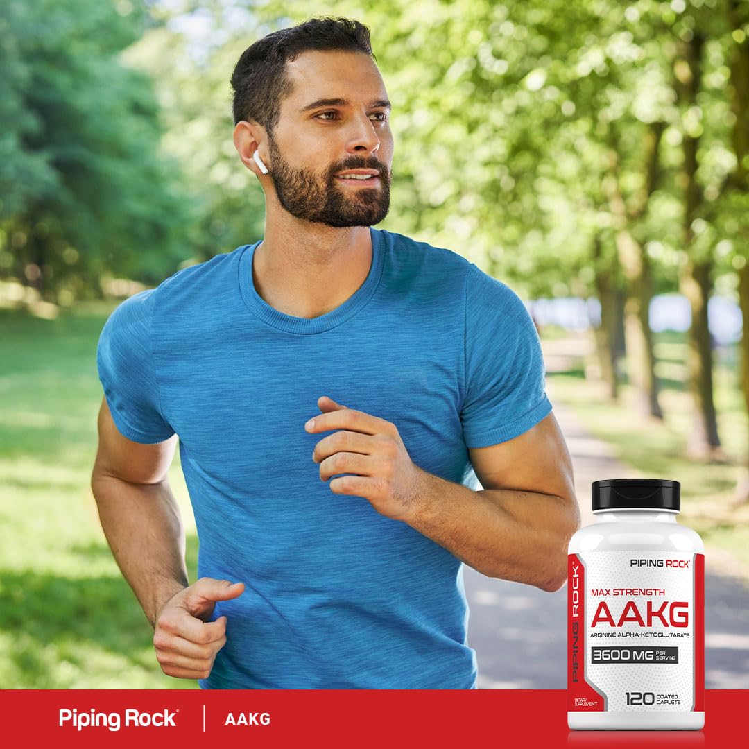Piping Rock L-Arginine 3600mg supplement on a wooden table