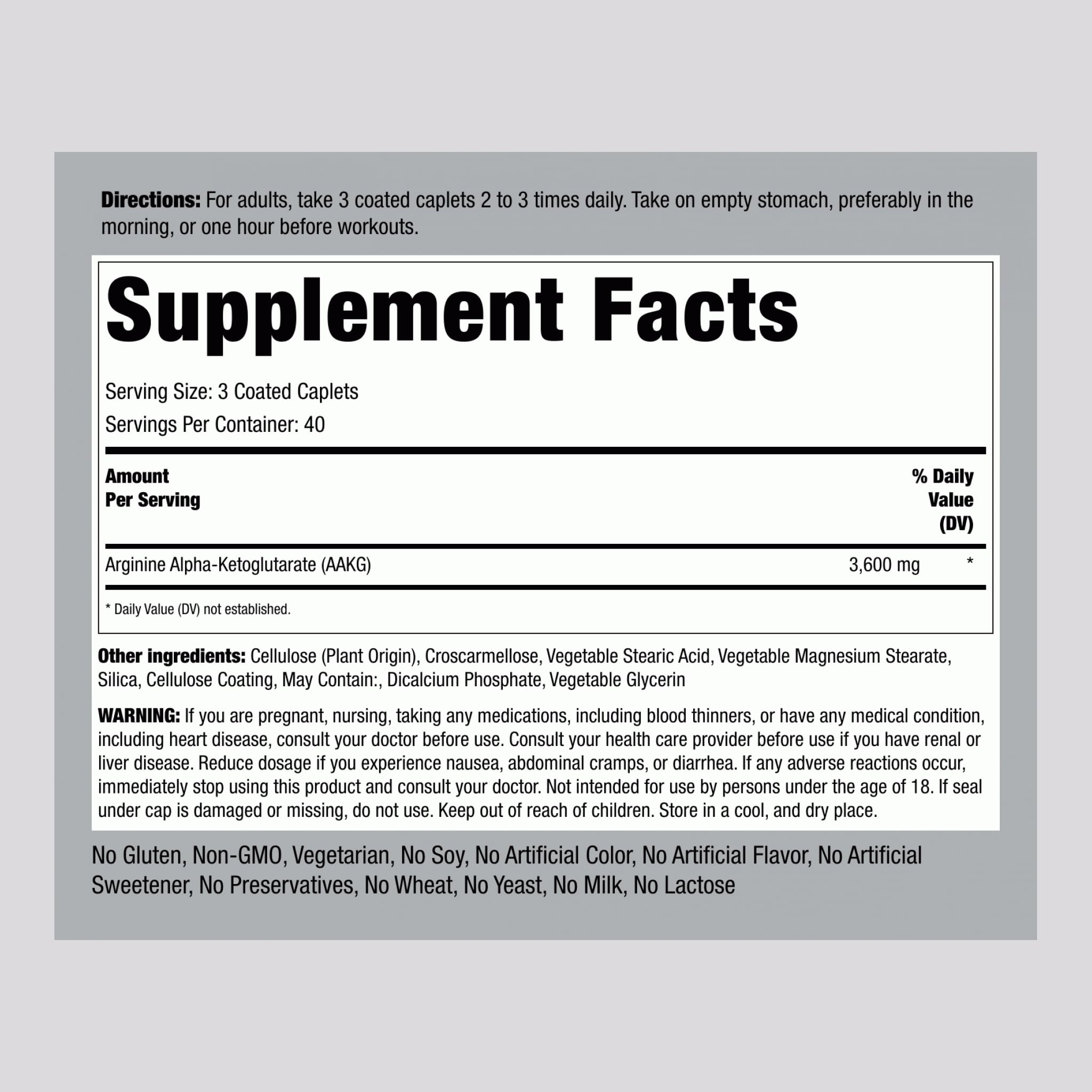 Piping Rock L-Arginine 3600mg supplement side view