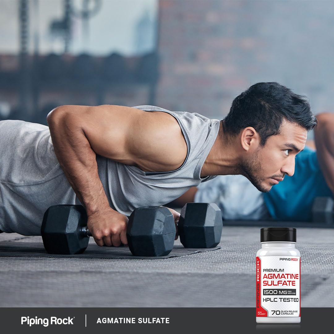 Piping Rock L-Arginine 68g packaging on a gym bench