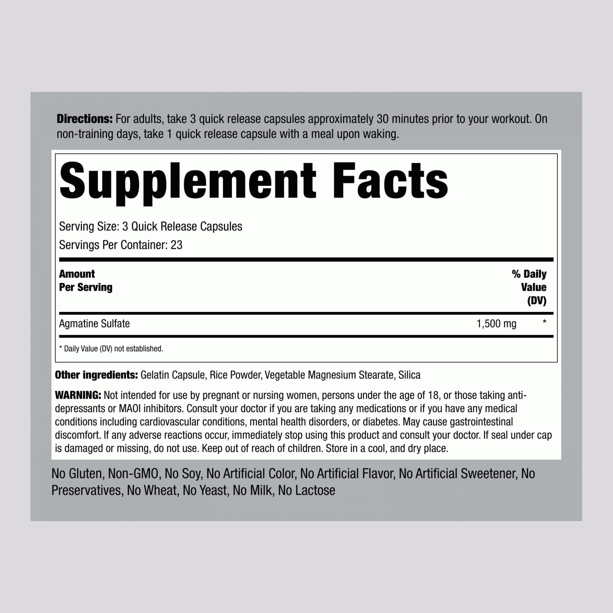 Piping Rock L-Arginine 68g side view showing ingredient list