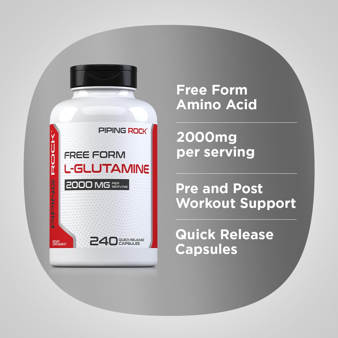 Piping Rock L-Glutamine 2000 mg capsules on a wooden table