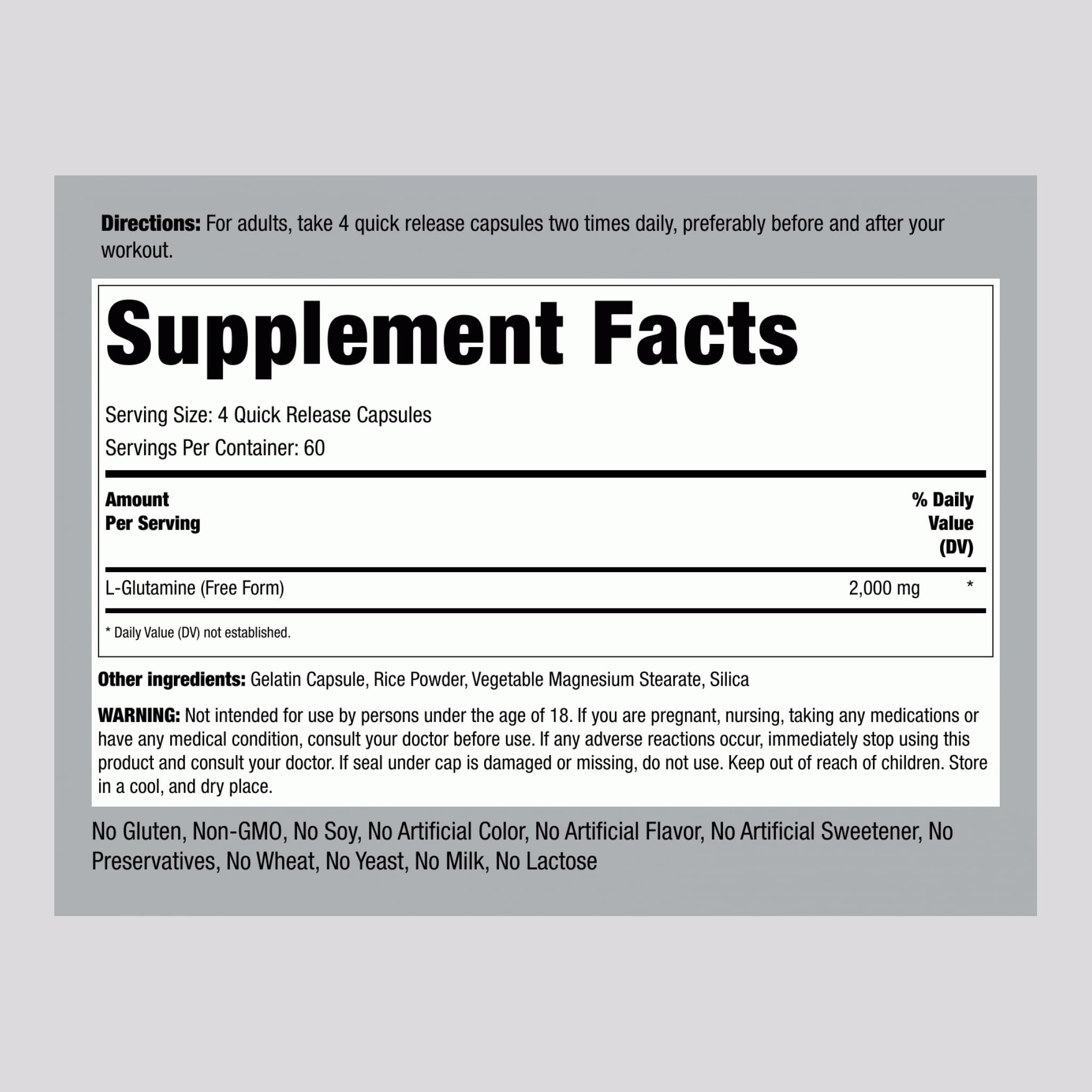 Piping Rock L-Glutamine 2000 mg capsules side view
