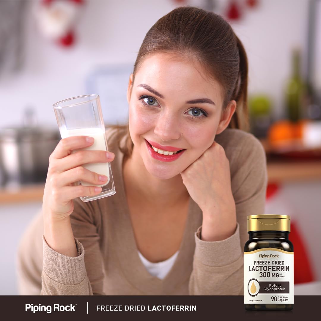 Piping Rock Lactoferrin capsule bottle with a measuring spoon