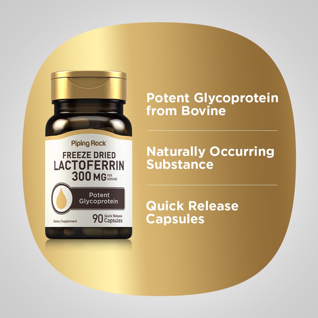 Piping Rock Lactoferrin capsules on a wooden table