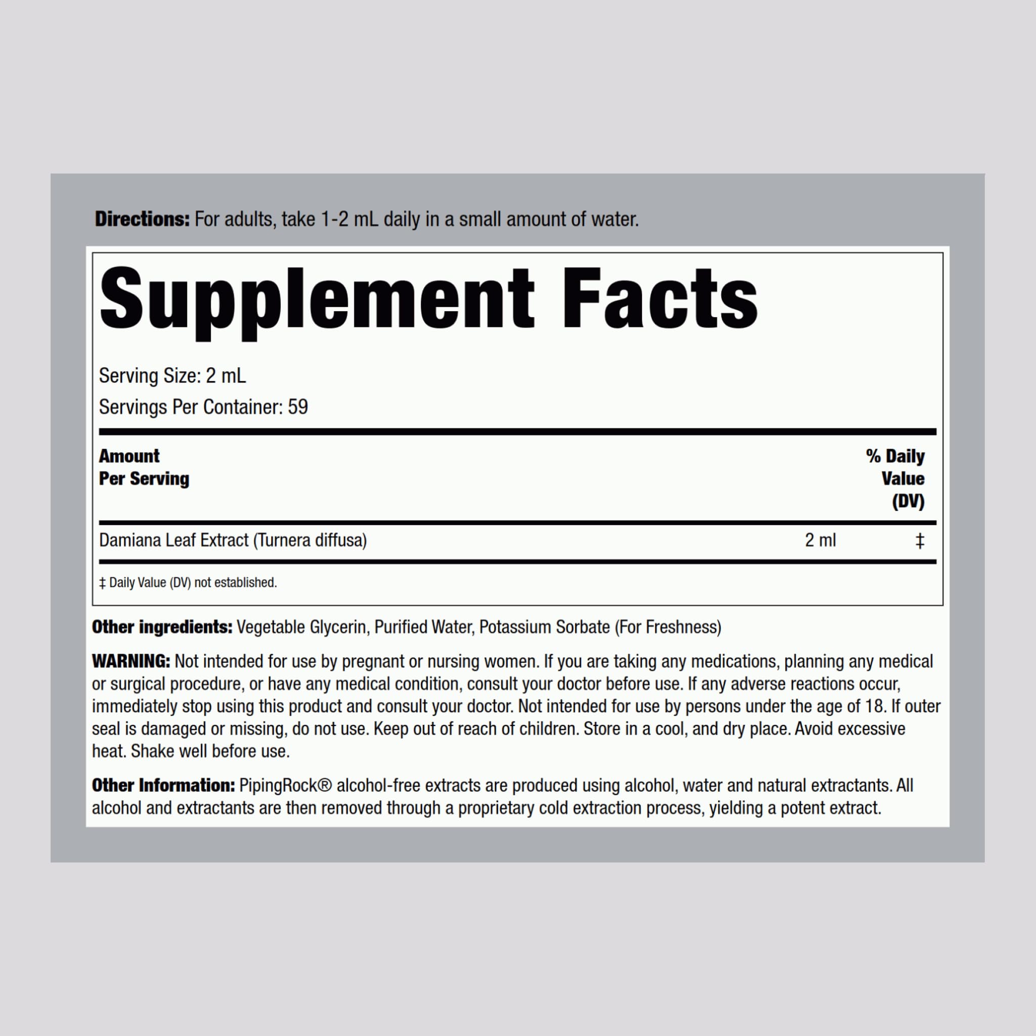 Piping Rock Liquid Extract Supplement back view with ingredient list