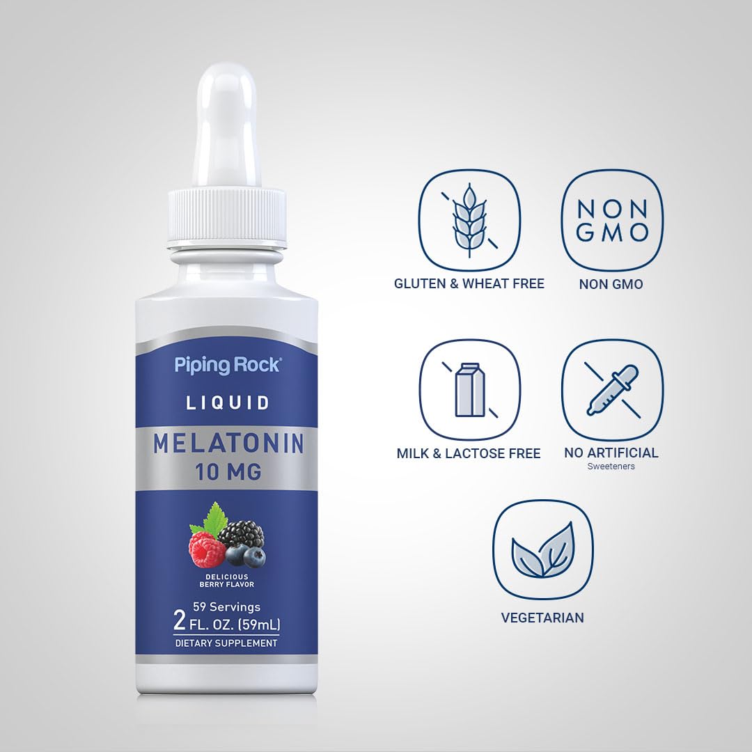 Piping Rock Liquid Melatonin 10mg berry flavour dropper bottle with dosage dropper