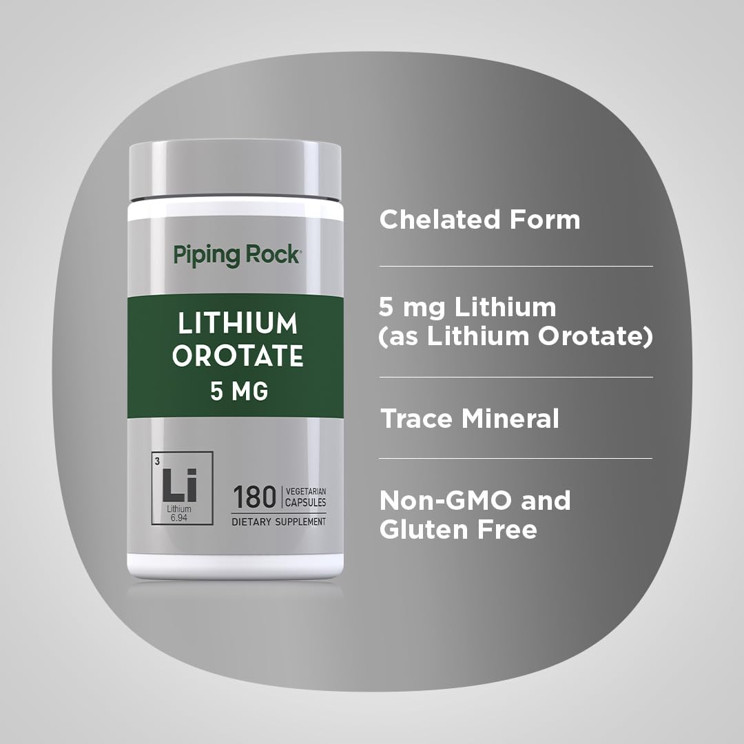Piping Rock Lithium Orotate 5mg supplement bottle with label