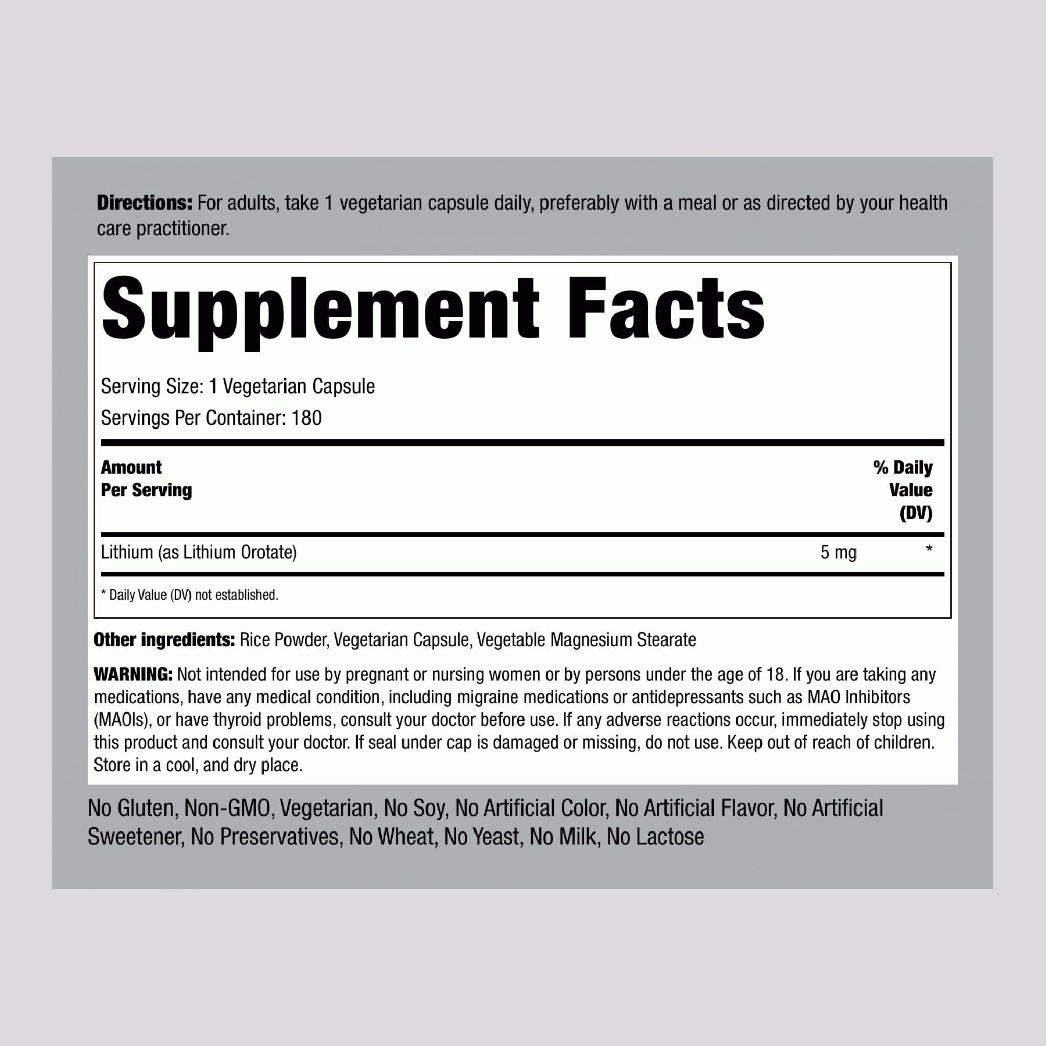 Piping Rock Lithium Orotate 5mg supplement side view