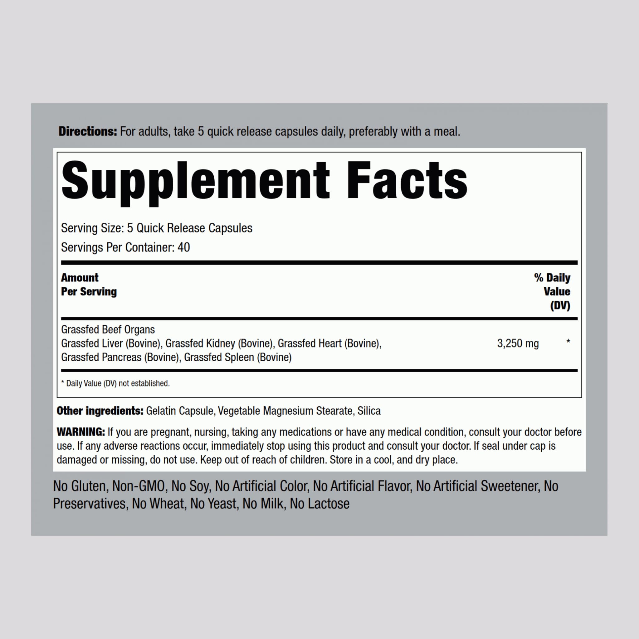 Piping Rock Liver Extract Capsules side view showing dosage