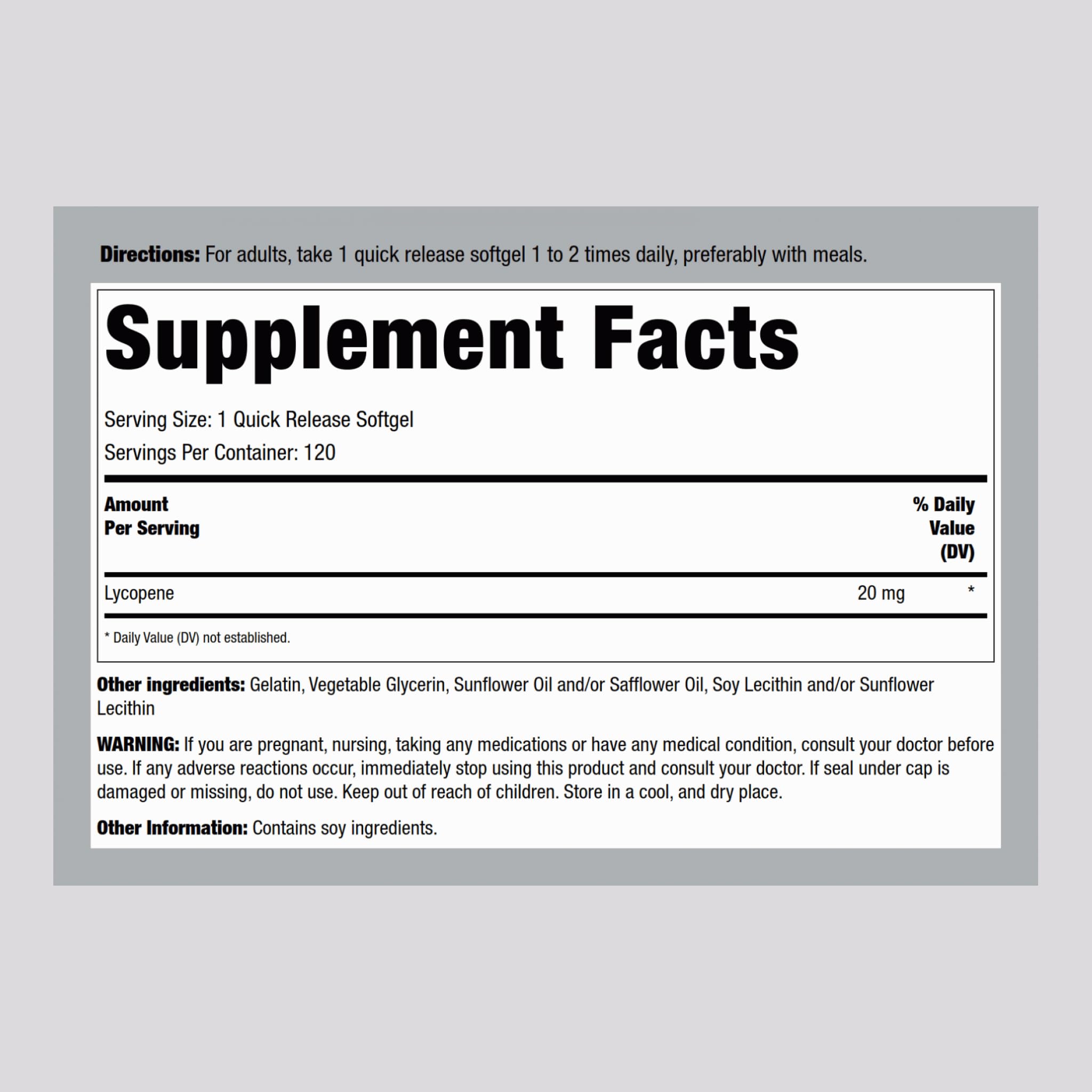 Piping Rock Lycopene 20mg Quick Release Softgel side view