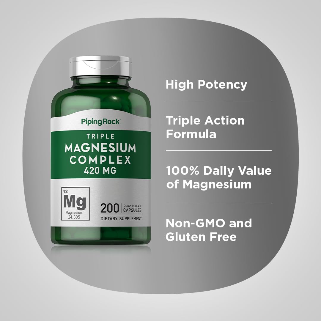 Piping Rock Magnesium 100% Daily Value bottle on a wooden table