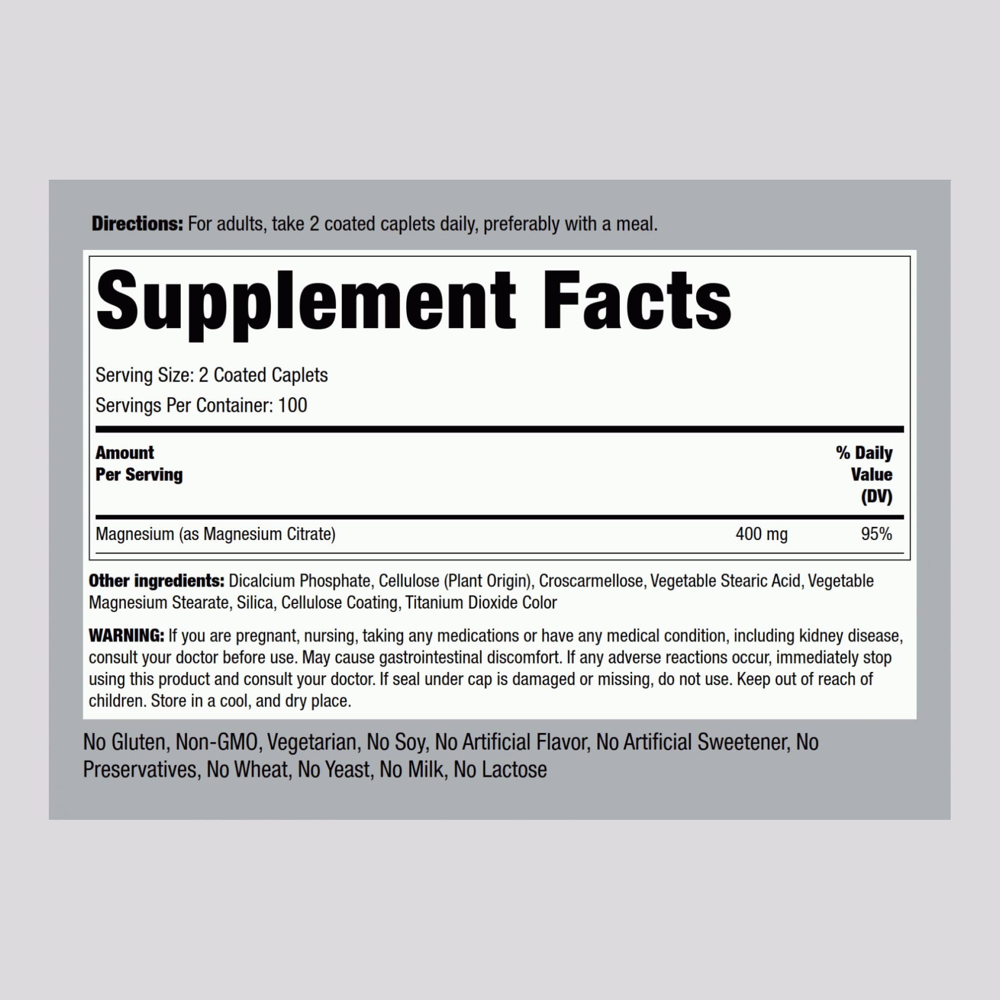 Piping Rock Magnesium 400 mg Coated Caplets packaging