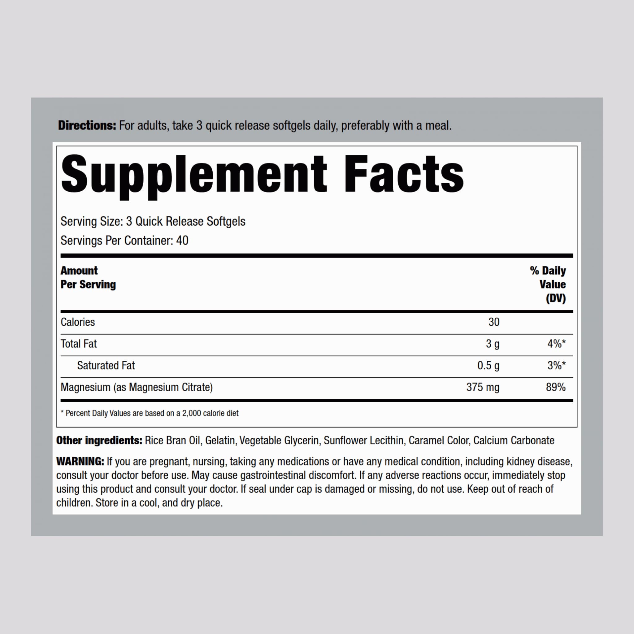 Piping Rock Magnesium Citrate 375mg softgels packaging