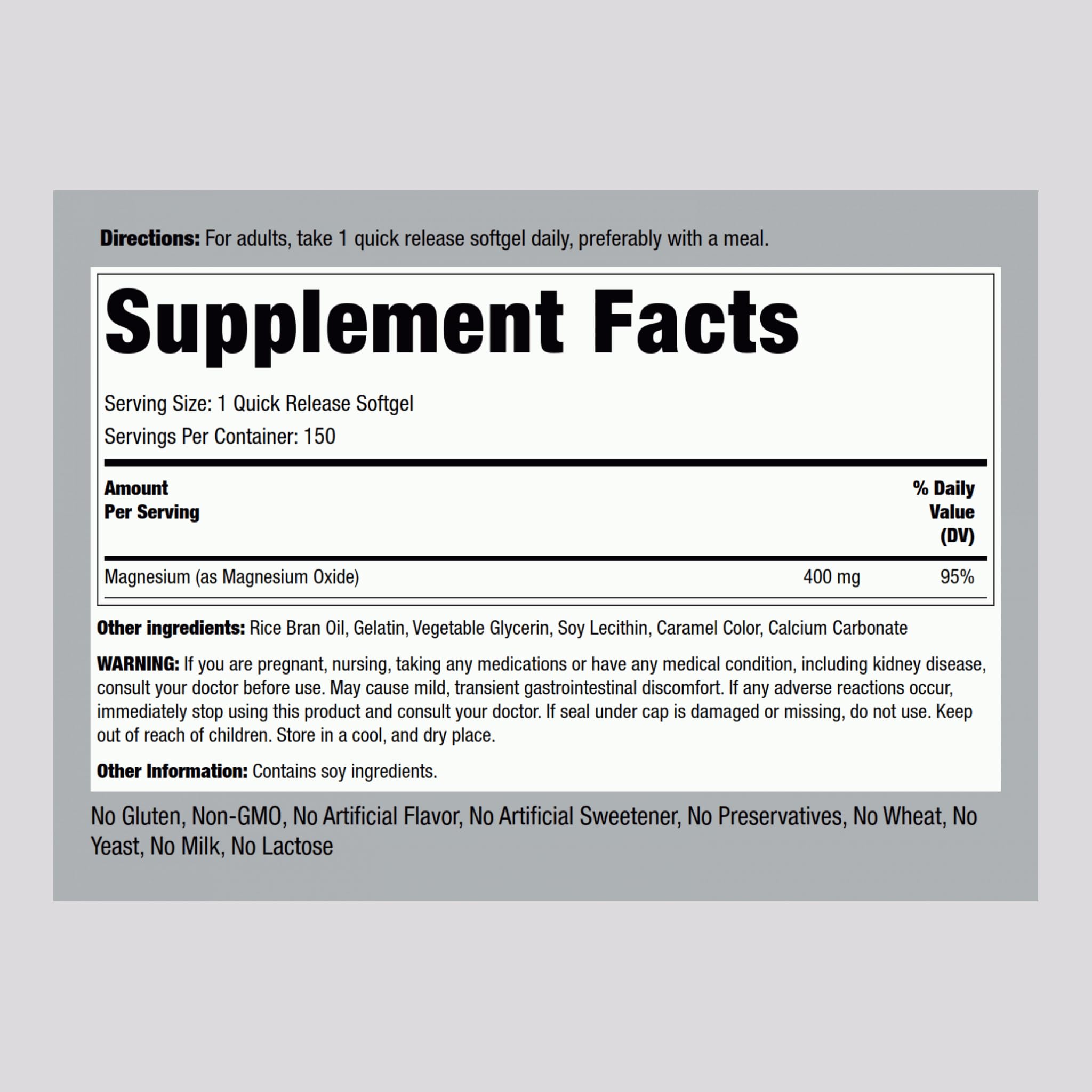 Piping Rock Magnesium Extra Strength Soft Gels back view showing supplement facts