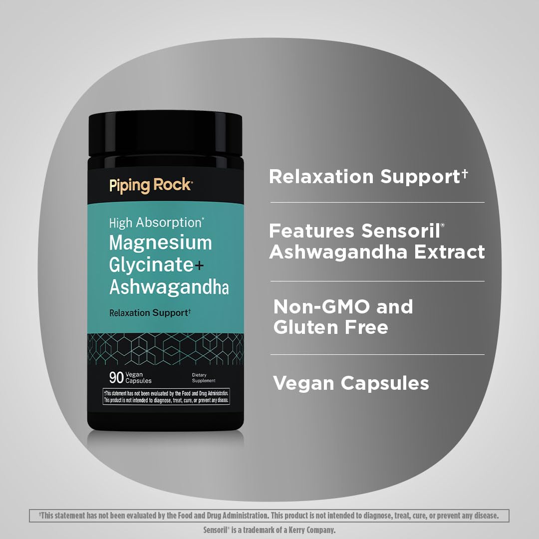 Piping Rock Magnesium Glycinate 120mg capsules on a wooden surface