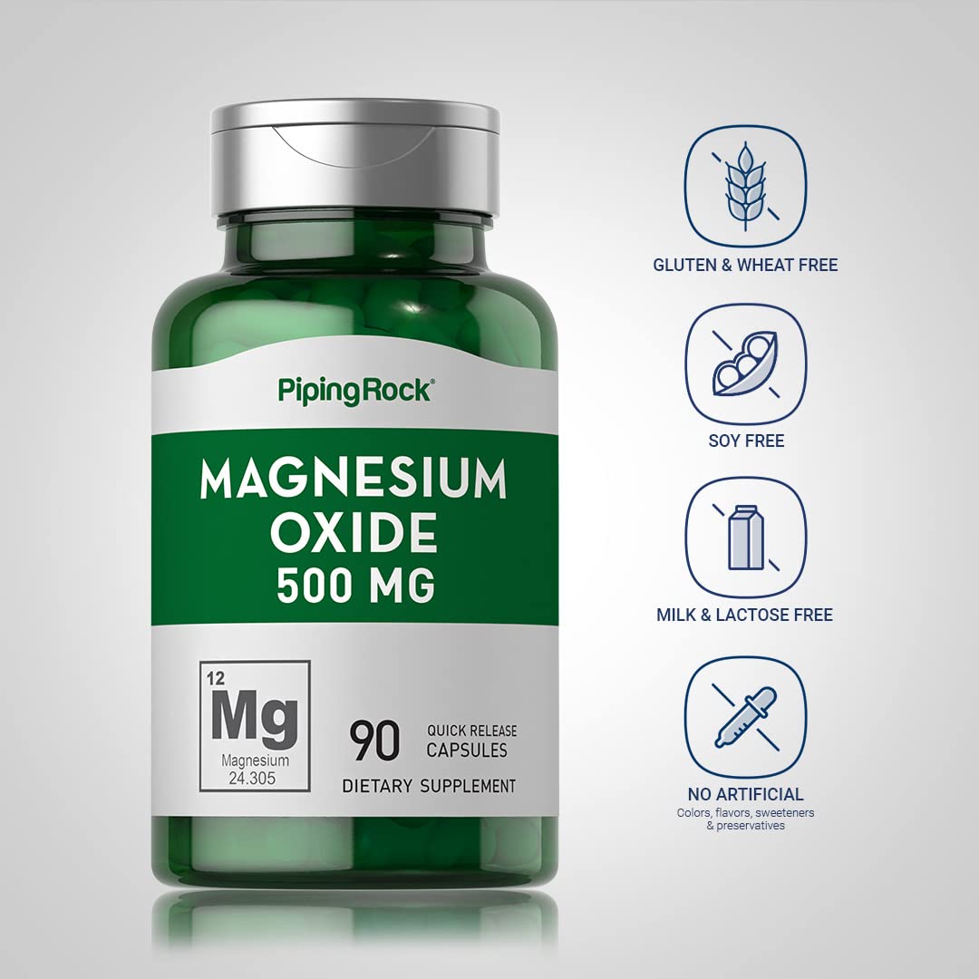 Piping Rock Magnesium Oxide 500 mg capsules on a wooden table