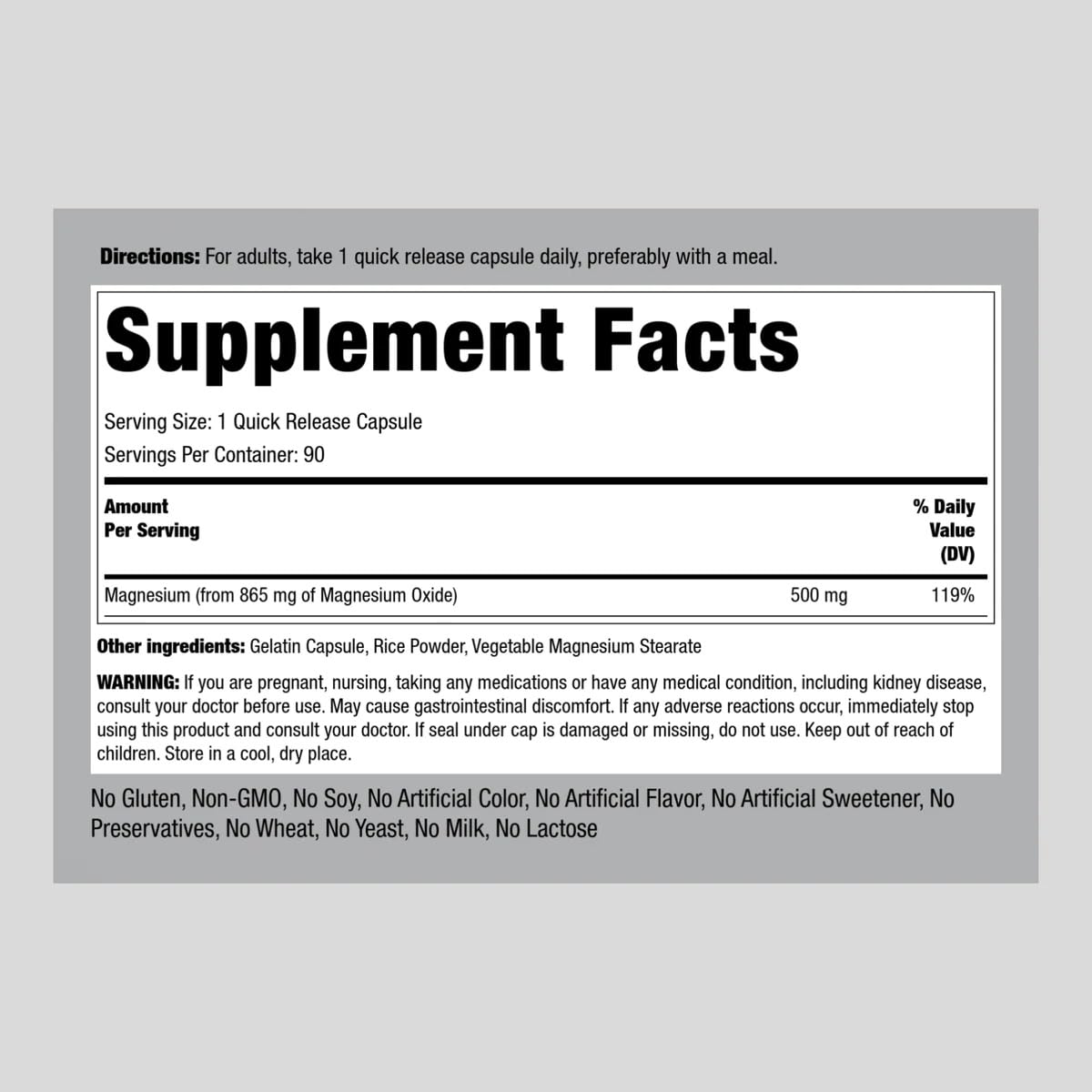 Piping Rock Magnesium Oxide 500 mg side view showing capsule count