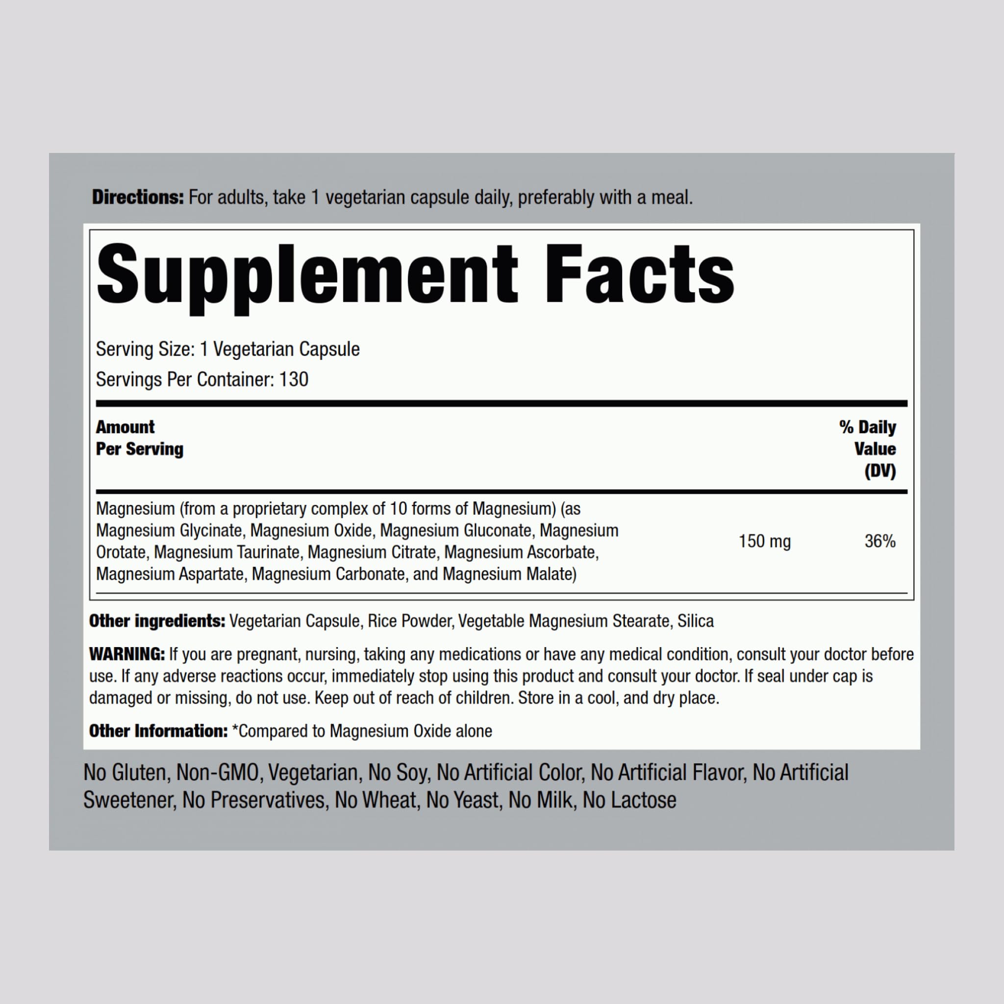 Piping Rock Magnesium Supplement 150mg 10-in-1 capsules side view