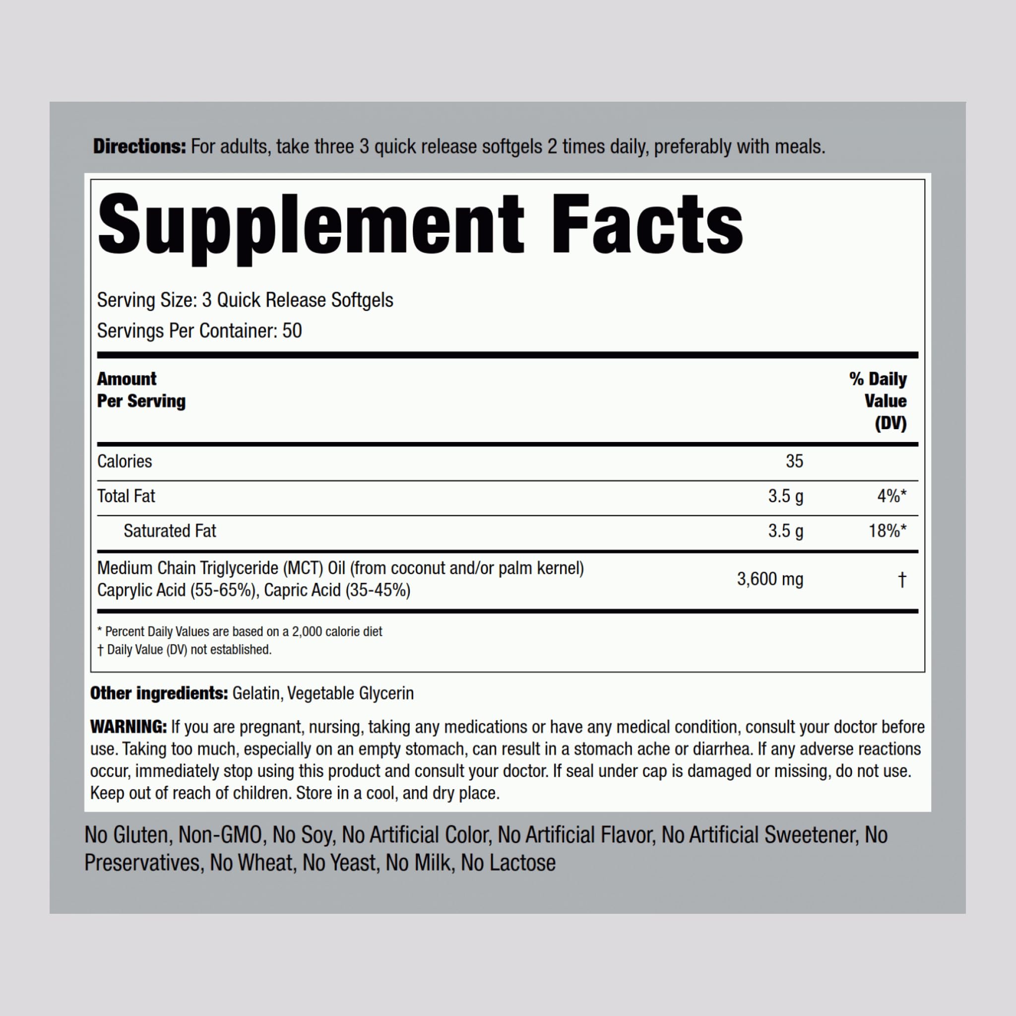Piping Rock MCT Oil Softgels 314g back view with ingredients