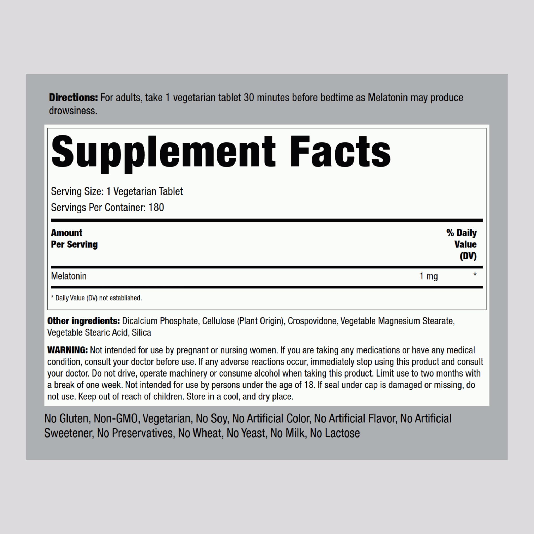 Piping Rock Melatonin 1 mg 180 Tablets side view