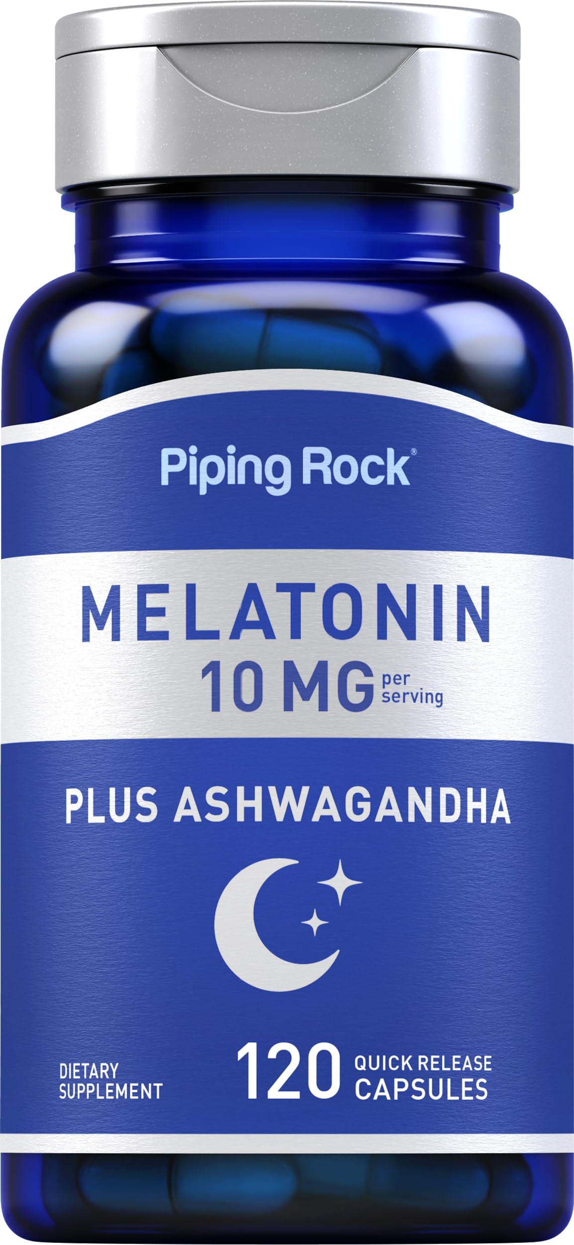 Piping Rock Melatonin 10 mg with Ashwagandha 120 capsules front view