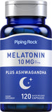 Piping Rock Melatonin 10 mg with Ashwagandha 120 capsules front view