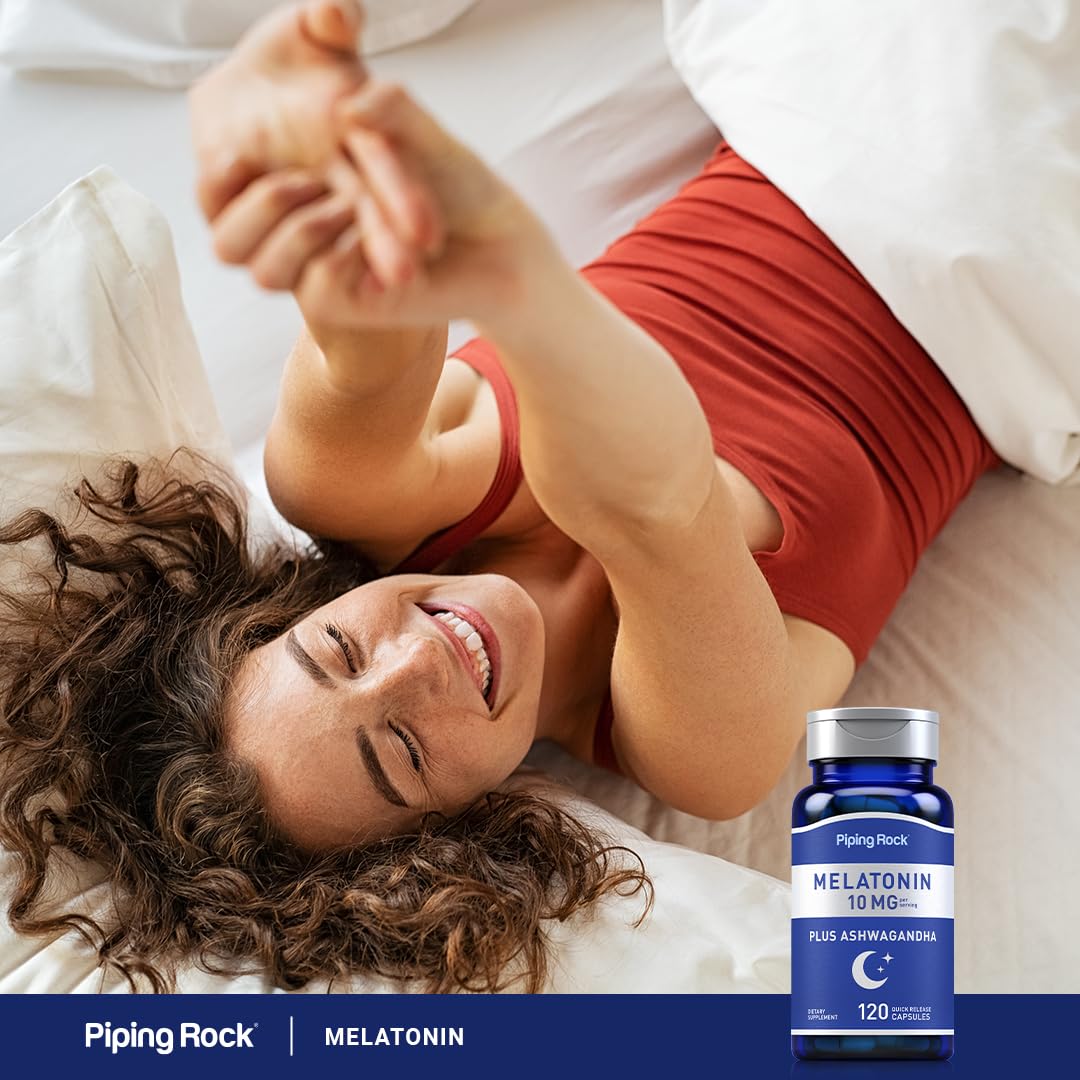 Piping Rock Melatonin 10 mg with Ashwagandha capsule in hand