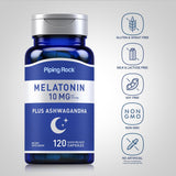 Piping Rock Melatonin 10 mg with Ashwagandha capsules close-up