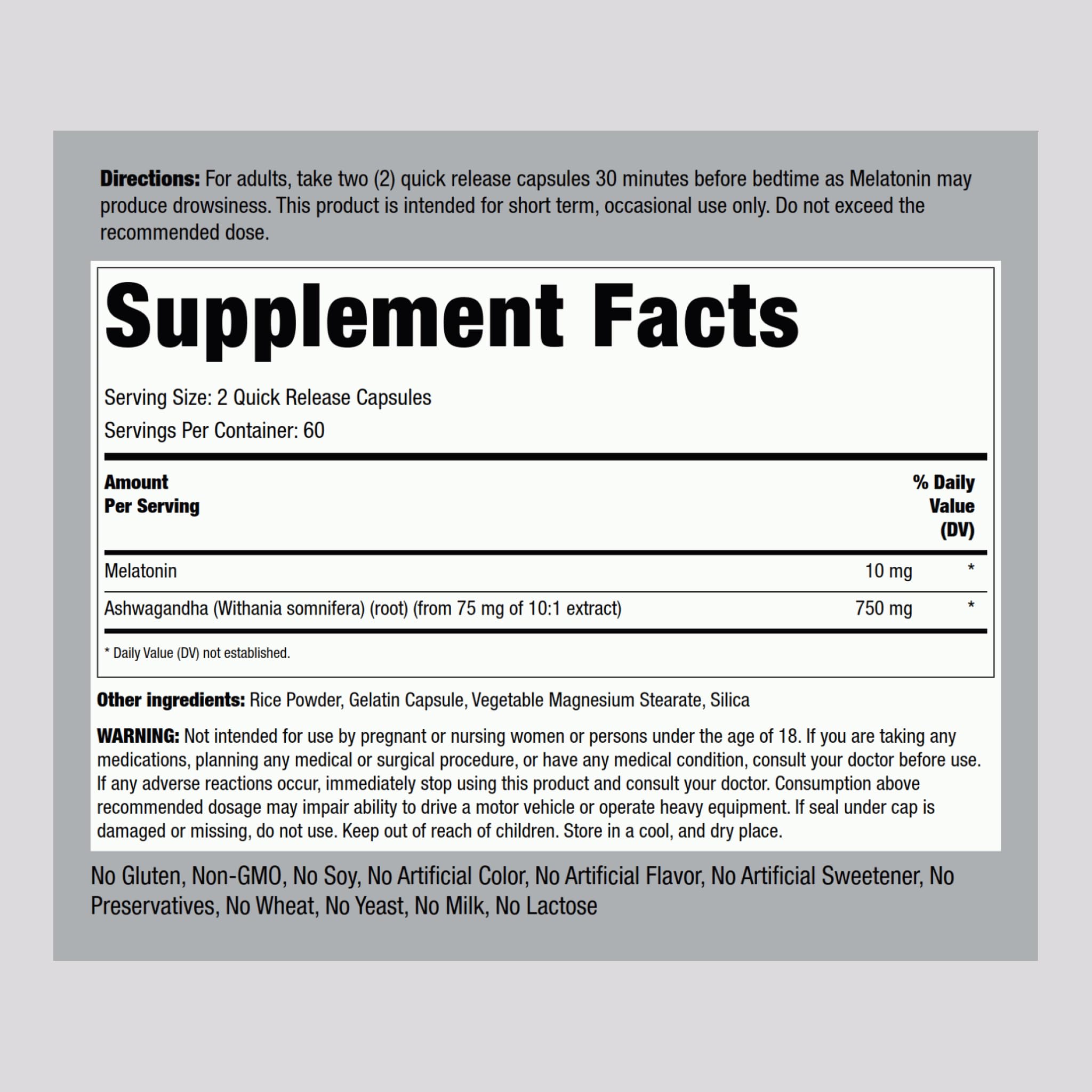 Piping Rock Melatonin 10 mg with Ashwagandha side view of the bottle