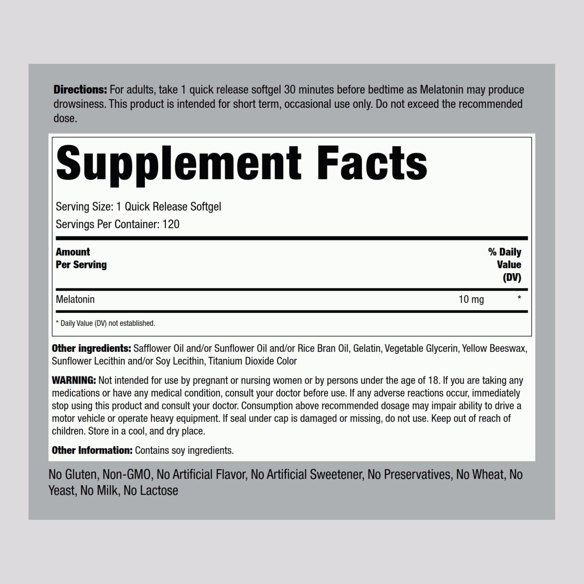 Piping Rock Melatonin 10mg Softgel Capsules bottle side view