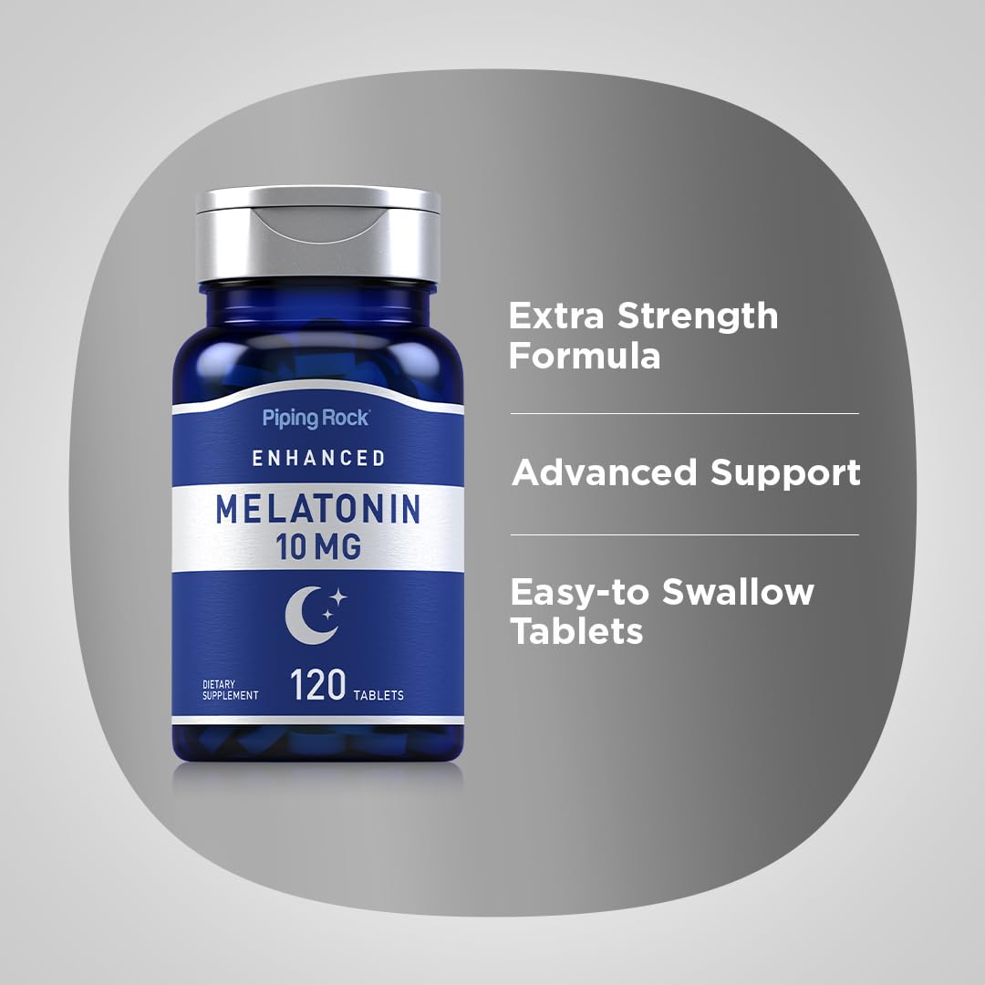 Piping Rock Melatonin 10mg Tablets in a hand for size reference