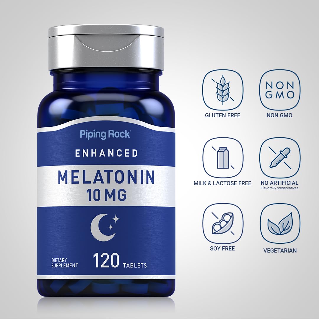 Piping Rock Melatonin 10mg Tablets packaging with dosage information