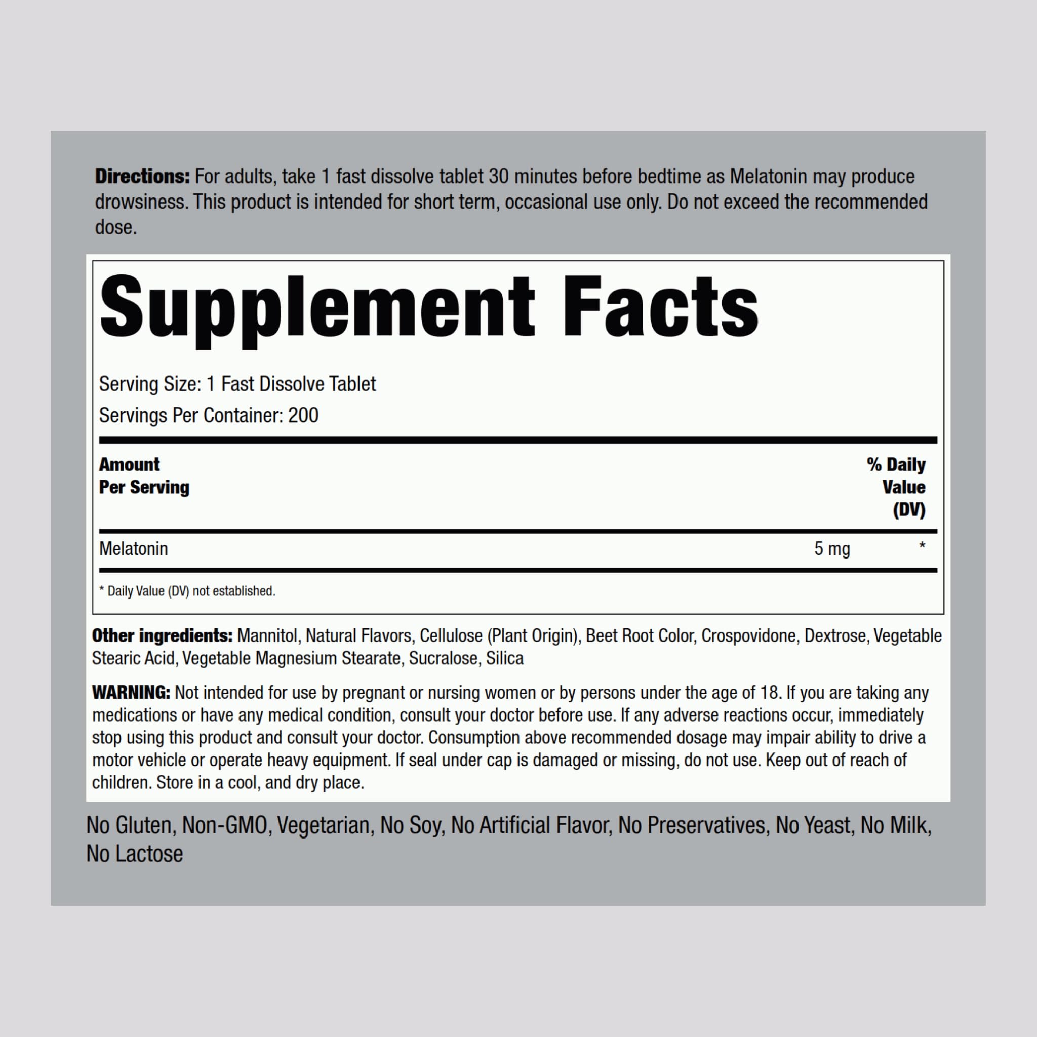 Piping Rock Melatonin 5mg packaging with berry flavour