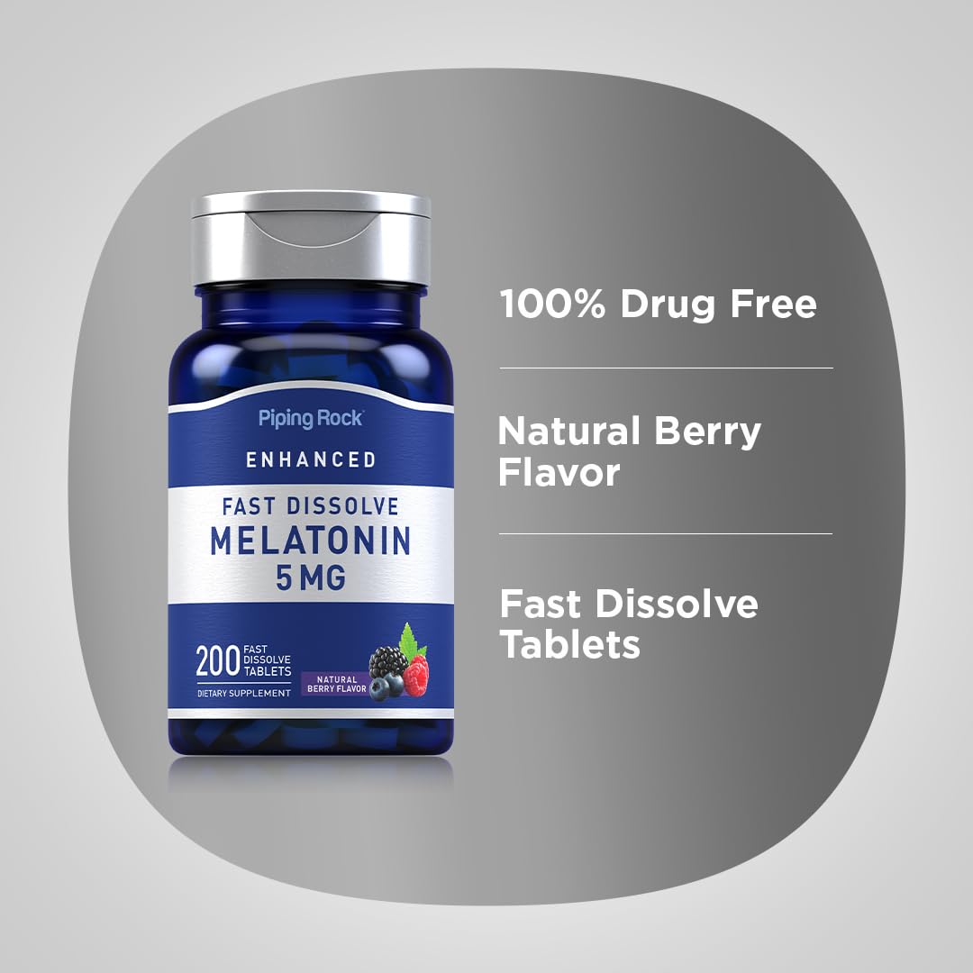 Piping Rock Melatonin 5mg tablets on a wooden surface