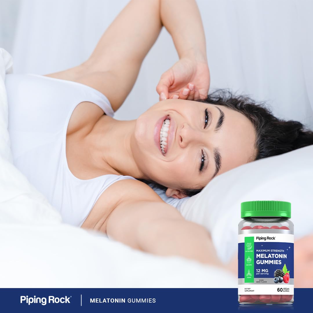 Piping Rock Melatonin Gummies 12mg on a wooden table