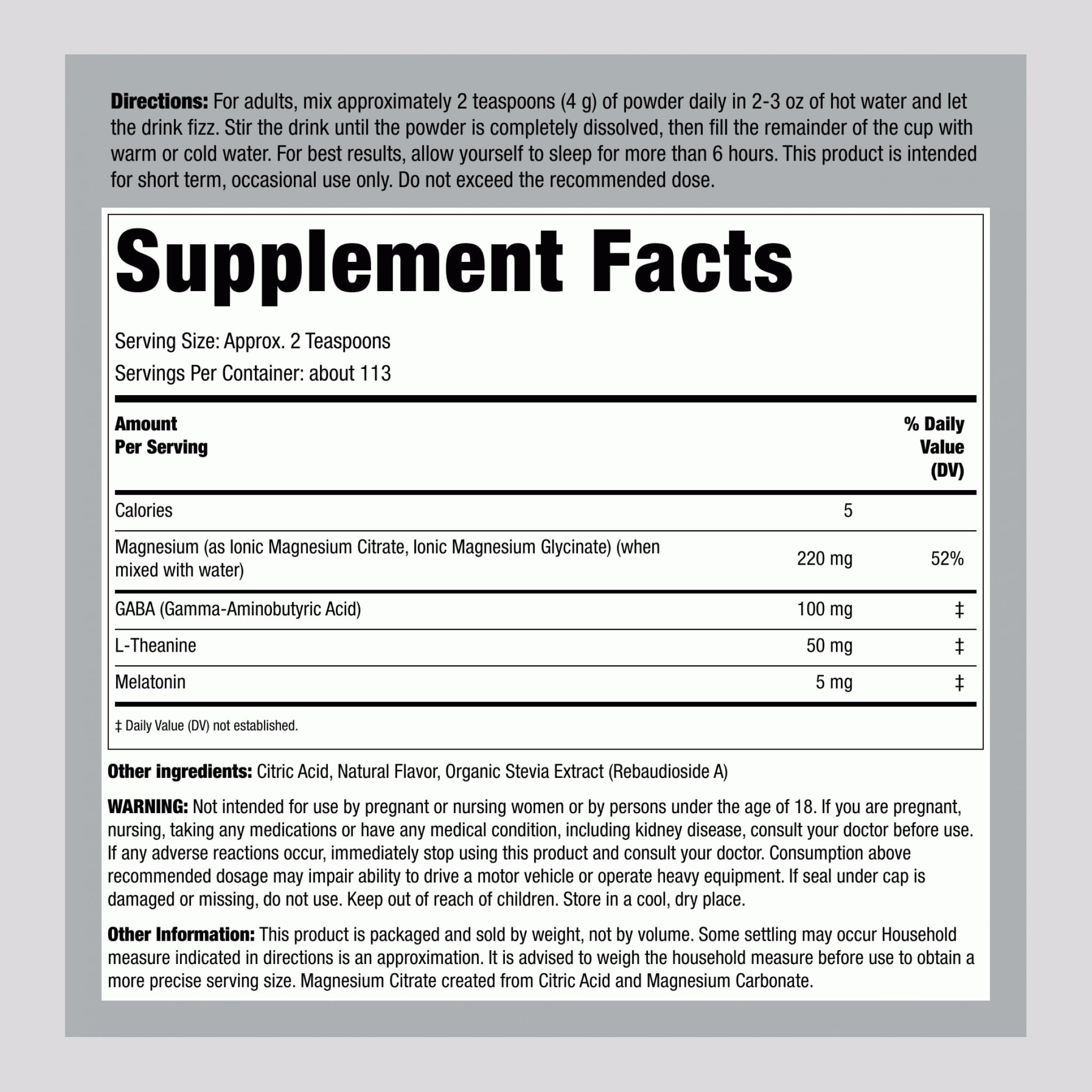 Piping Rock Melatonin Magnesium Powder 16 oz packaging