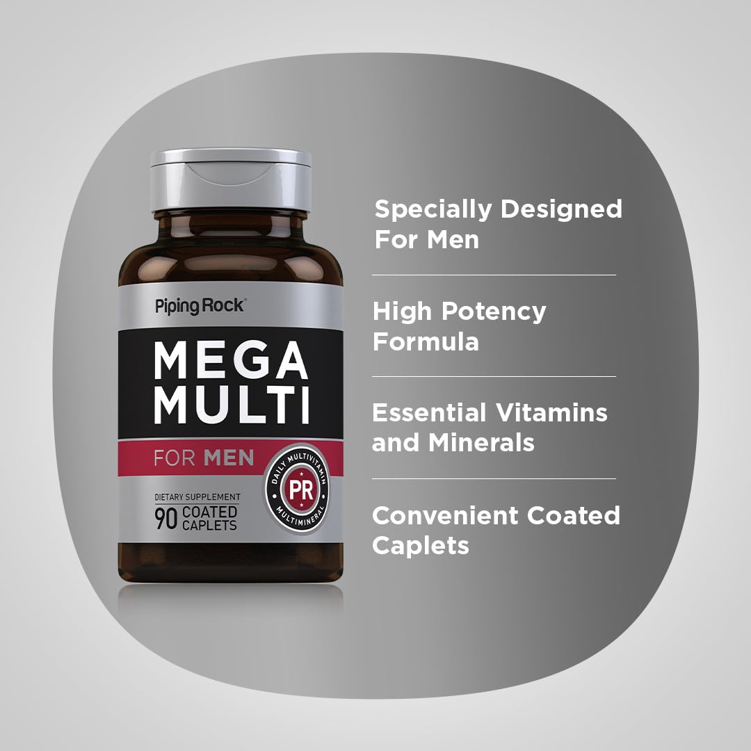 Piping Rock Men's High Potency Vitamin & Mineral Supplement caplet close-up