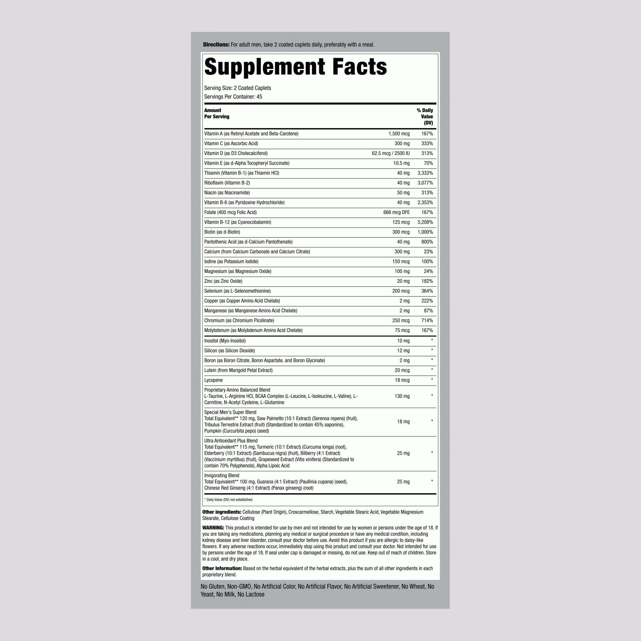 Piping Rock Men's High Potency Vitamin & Mineral Supplement side view