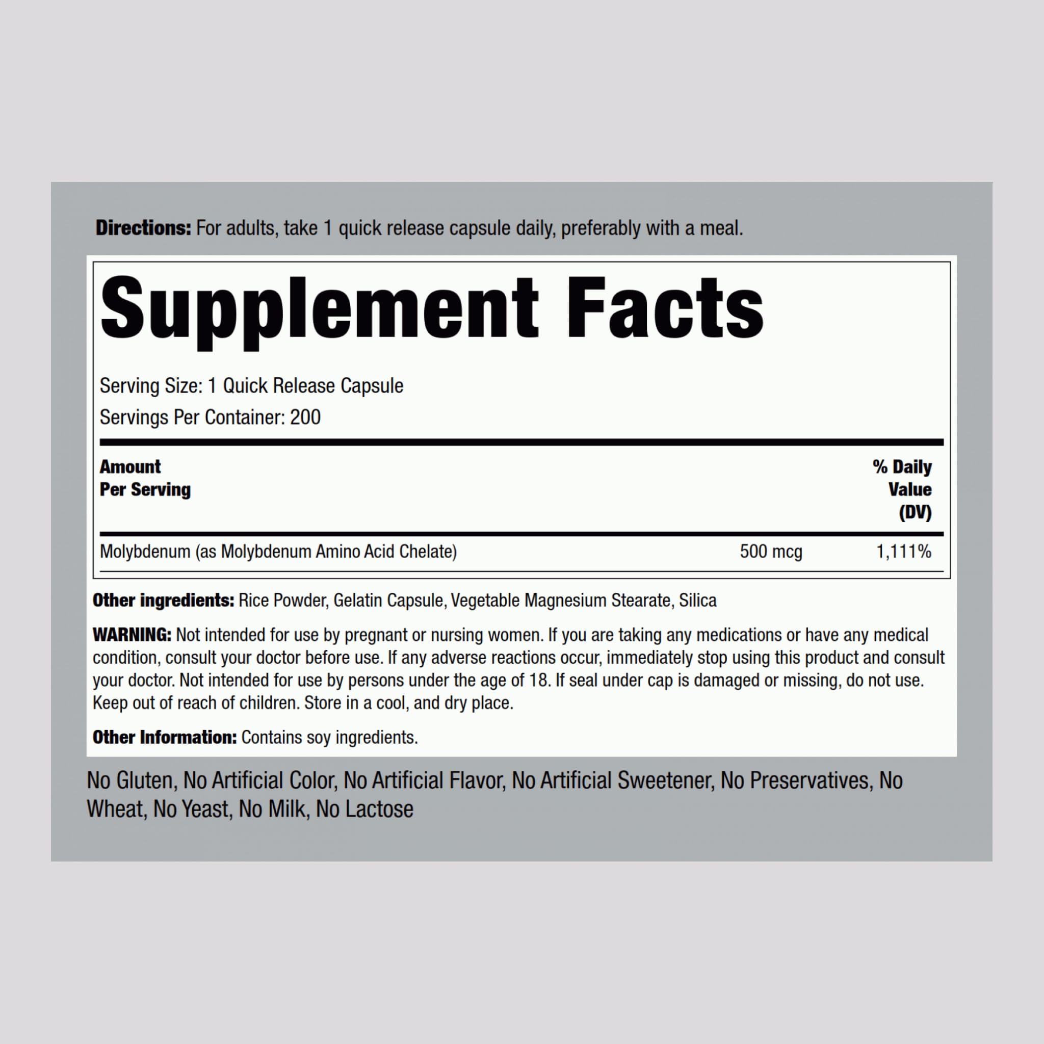 Piping Rock Molybdenum 500 mcg capsules bottle side view
