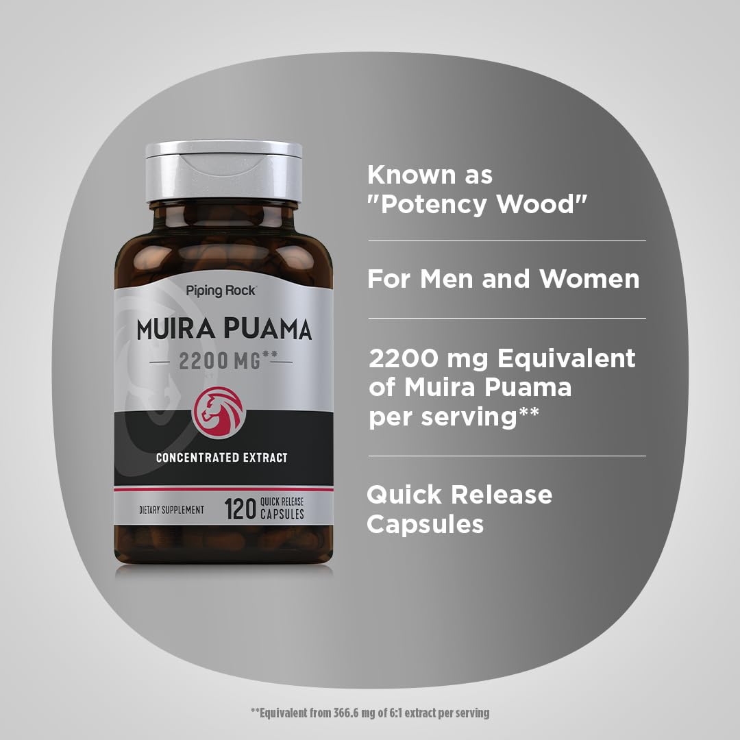 Piping Rock Muira Puama Extract Capsules packaging on a wooden table