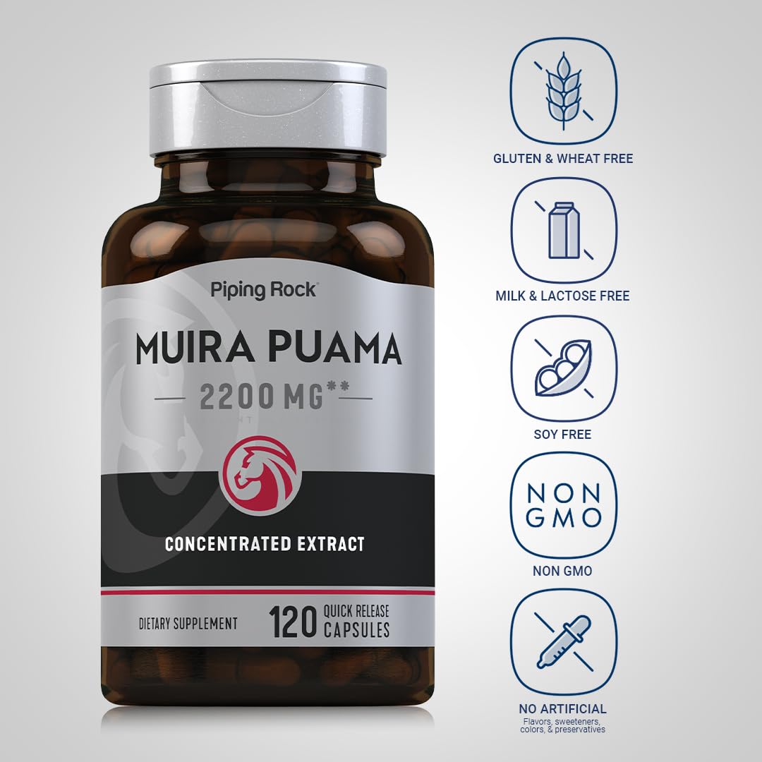 Piping Rock Muira Puama Extract Capsules side view showing quick release